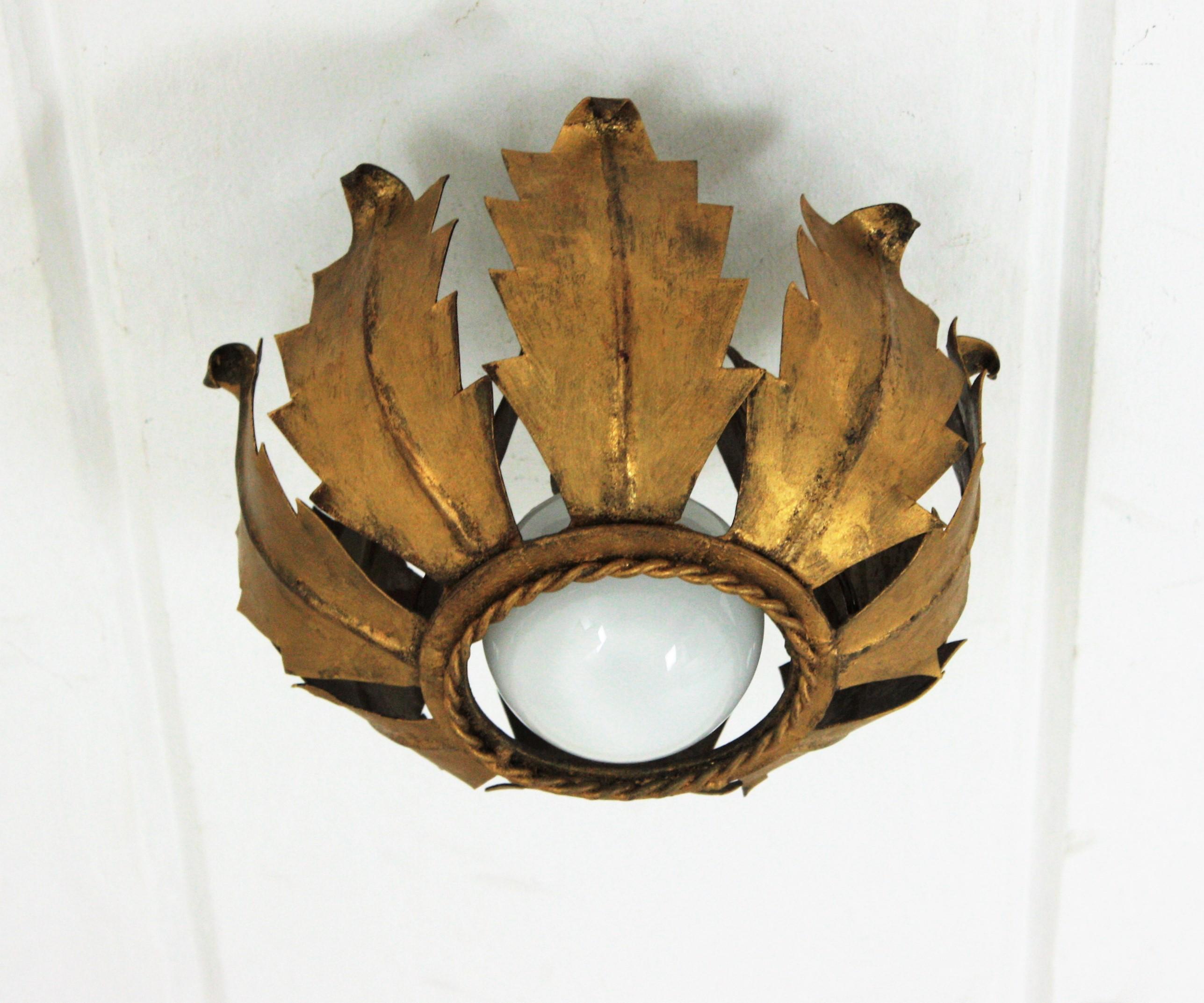 Spanish Sunburst Flower Bud Flush Mount Light Fixture in Gilt Iron For Sale