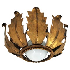 Sunburst Flower Bud Flush Mount Light Fixture in Gilt Iron