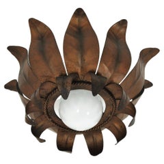 Vintage Flower Bud Sunburst Light Fixture in Gilt Bronze Patinated Iron