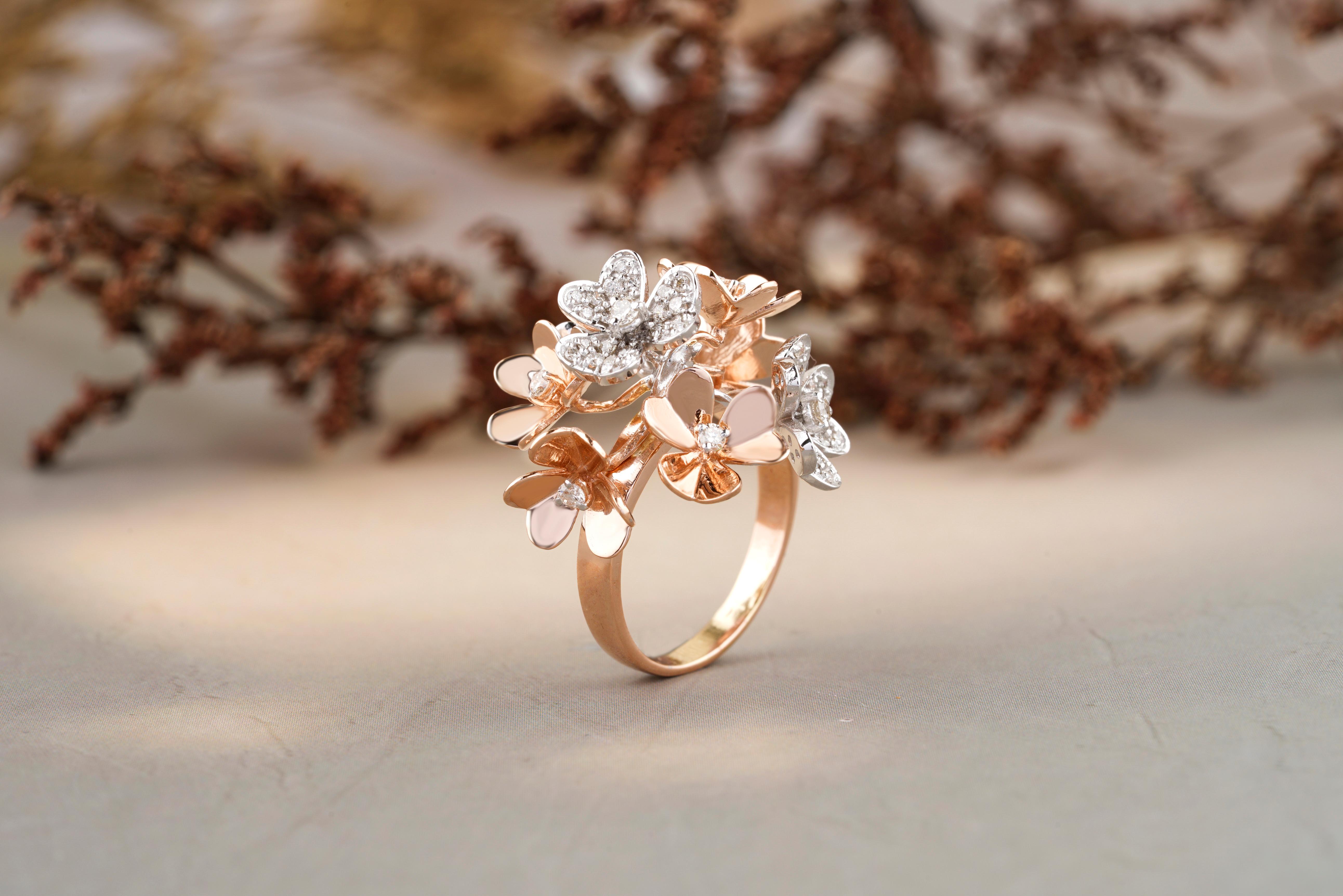 For Sale:  Flower Bunch Dual Tone Diamond Ring in 18k Solid Gold 2