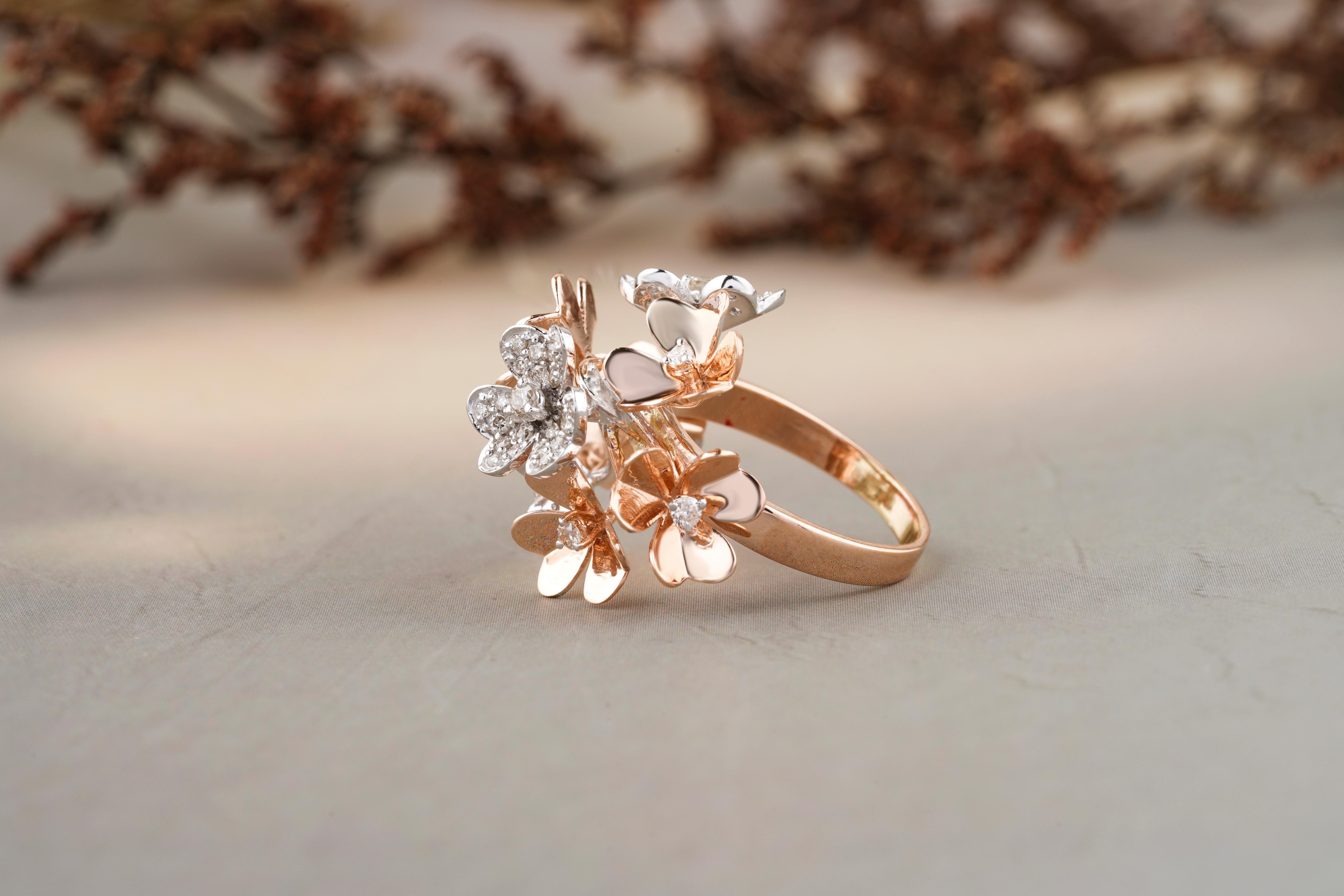 For Sale:  Flower Bunch Dual Tone Diamond Ring in 18k Solid Gold 3
