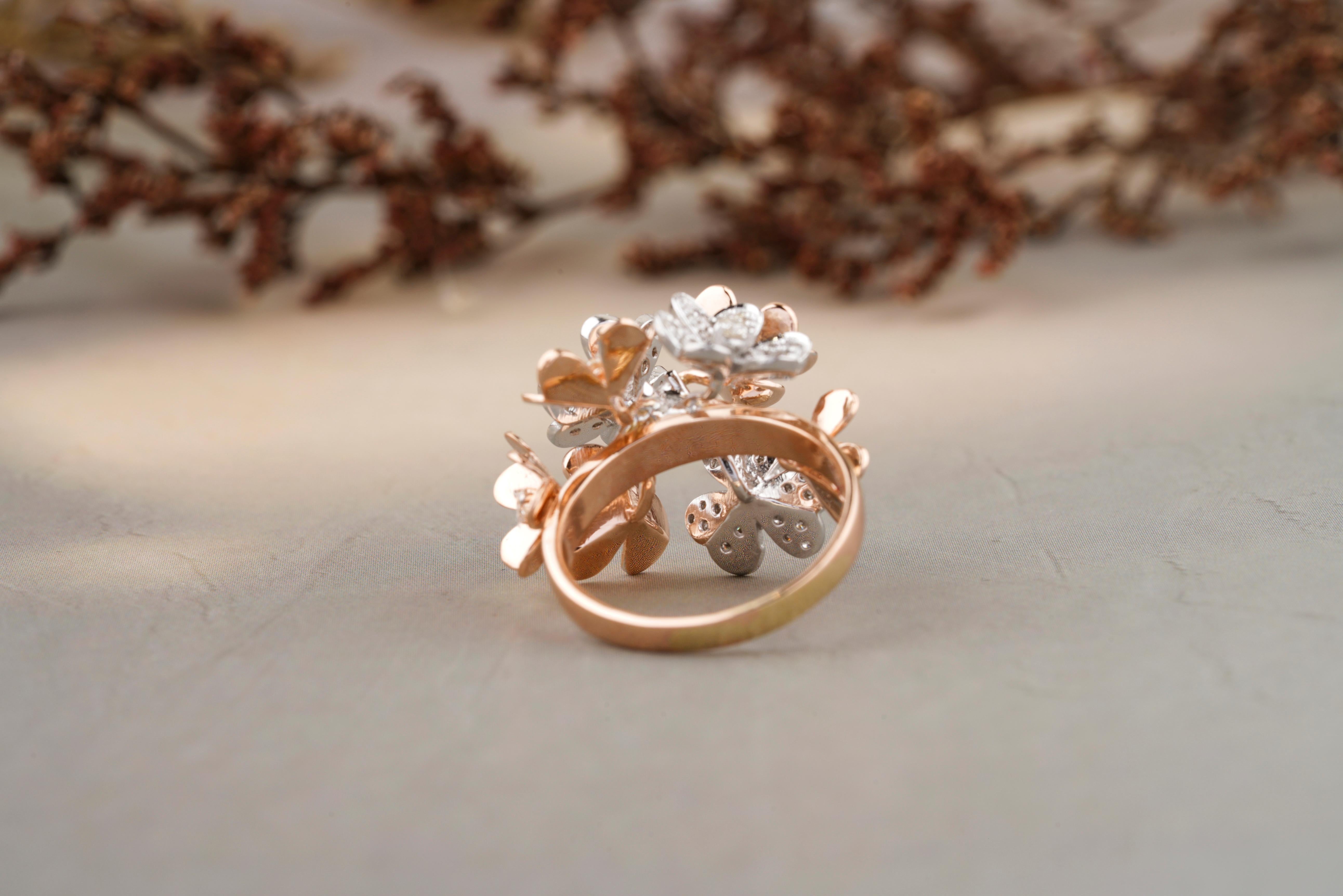 For Sale:  Flower Bunch Dual Tone Diamond Ring in 18k Solid Gold 5