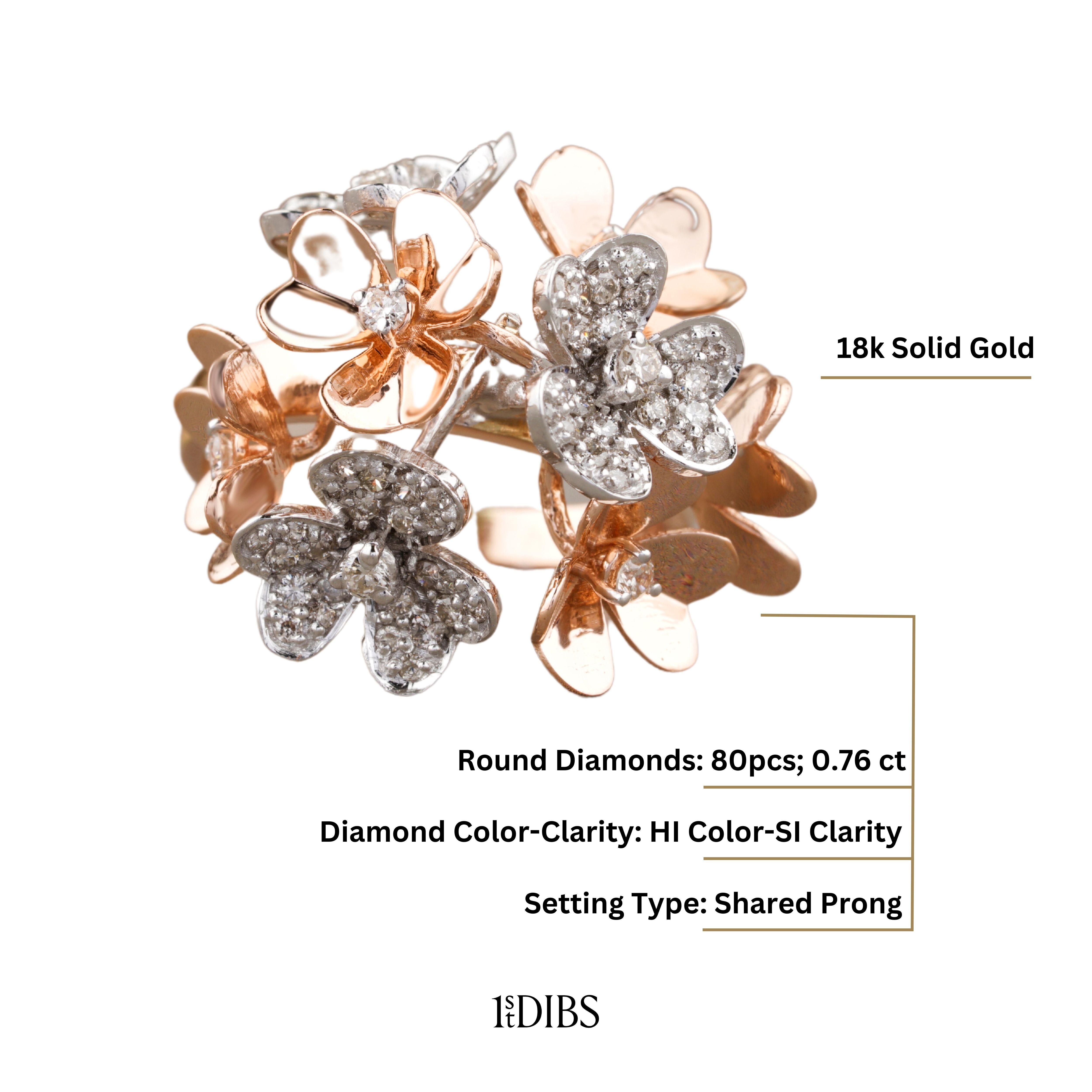 For Sale:  Flower Bunch Dual Tone Diamond Ring in 18k Solid Gold 7