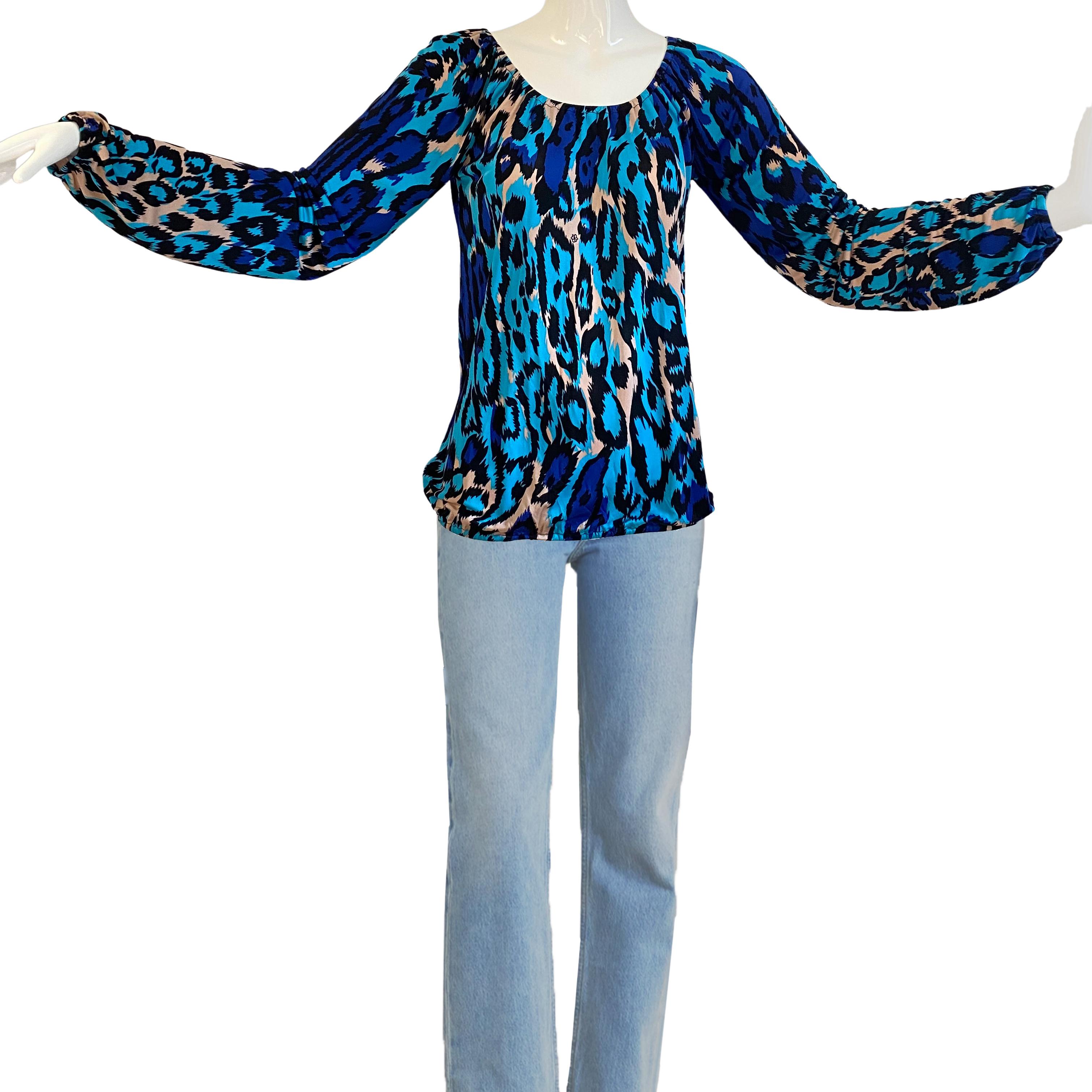 FLORA KUNG Silk Viscose Sapphire Boho Peasant Blouson Top NWT In New Condition For Sale In Boston, MA