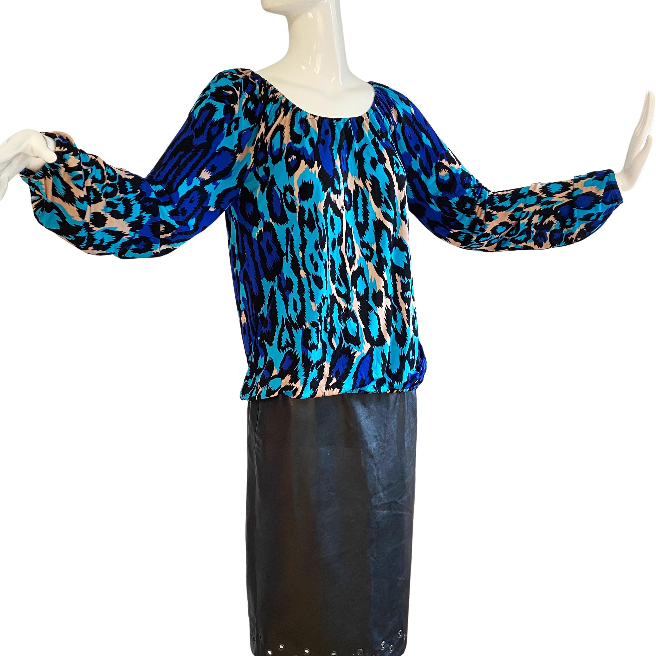 Women's FLORA KUNG Silk Viscose Sapphire Boho Peasant Blouson Top NWT For Sale