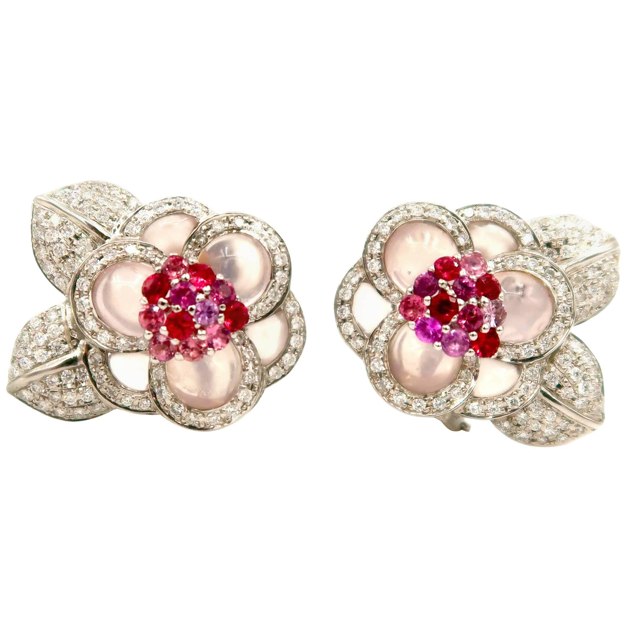 Flower Cabochon Rose Quartz Diamond Pink Sapphire Rhodolite Gold Clip Earrings For Sale
