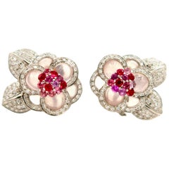 Flower Cabochon Rose Quartz Diamond Pink Sapphire Rhodolite Gold Clip Earrings