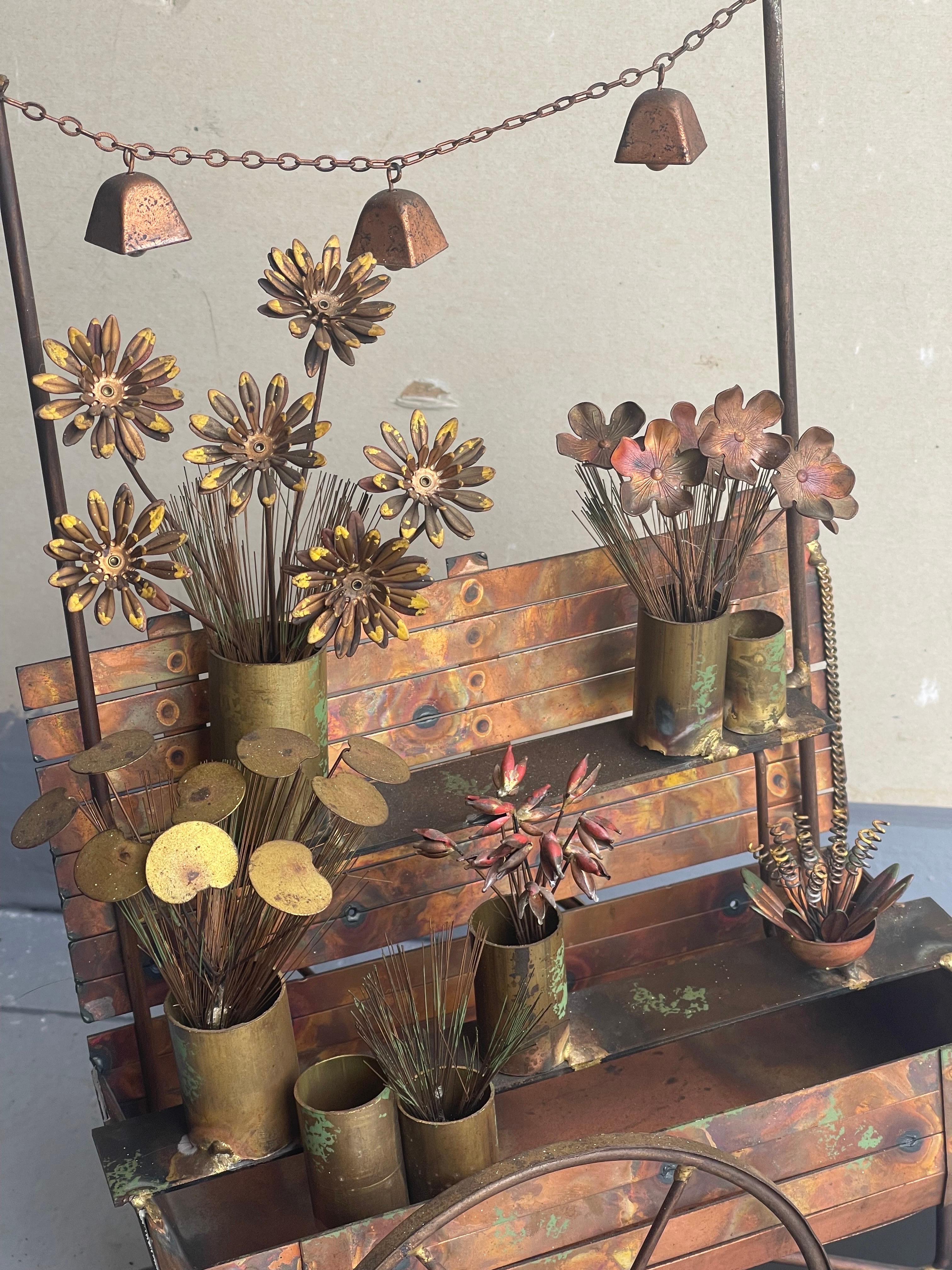 Bronze Flower Cart Mixed Metal Sculpture by C. Jere for Artisian House For Sale