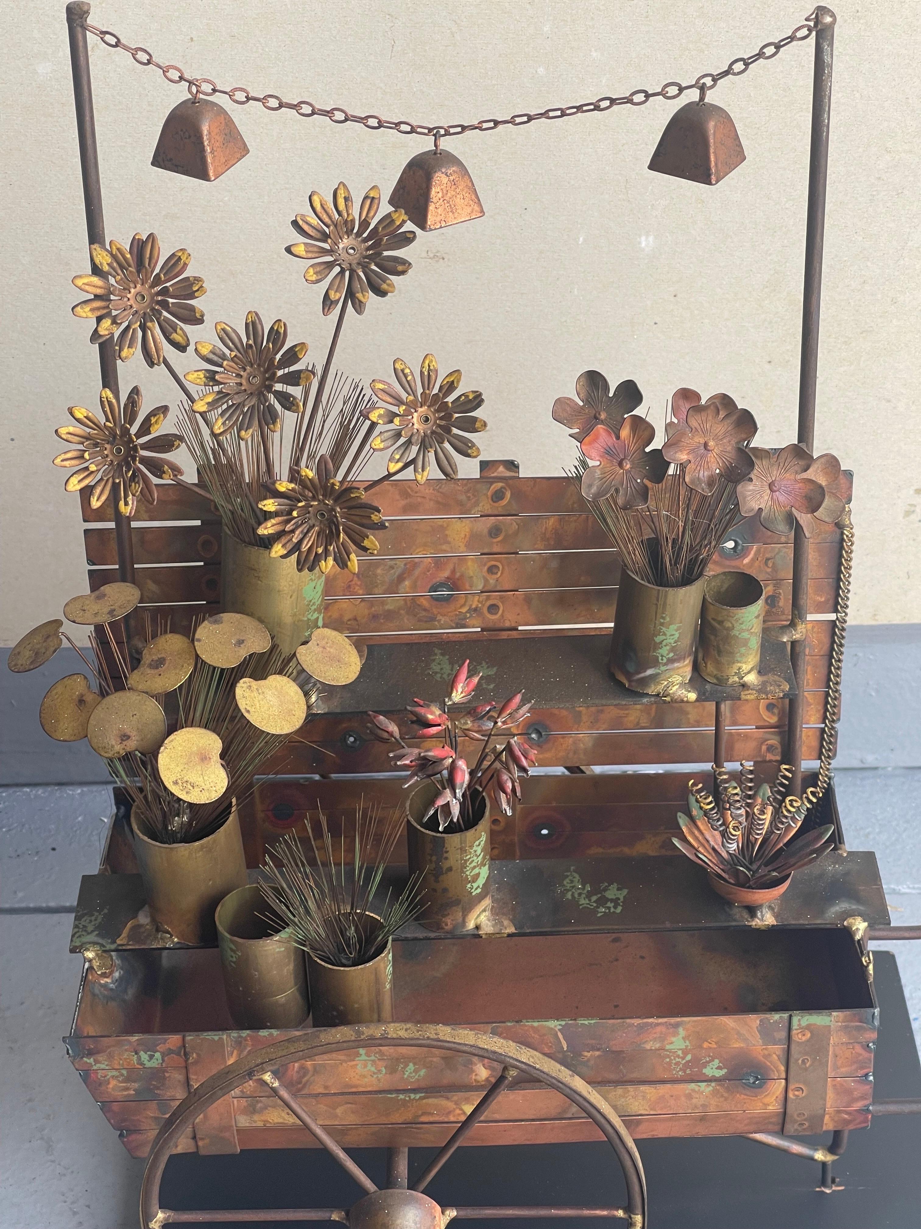 Flower Cart Mixed Metal Sculpture by C. Jere for Artisian House For Sale 1