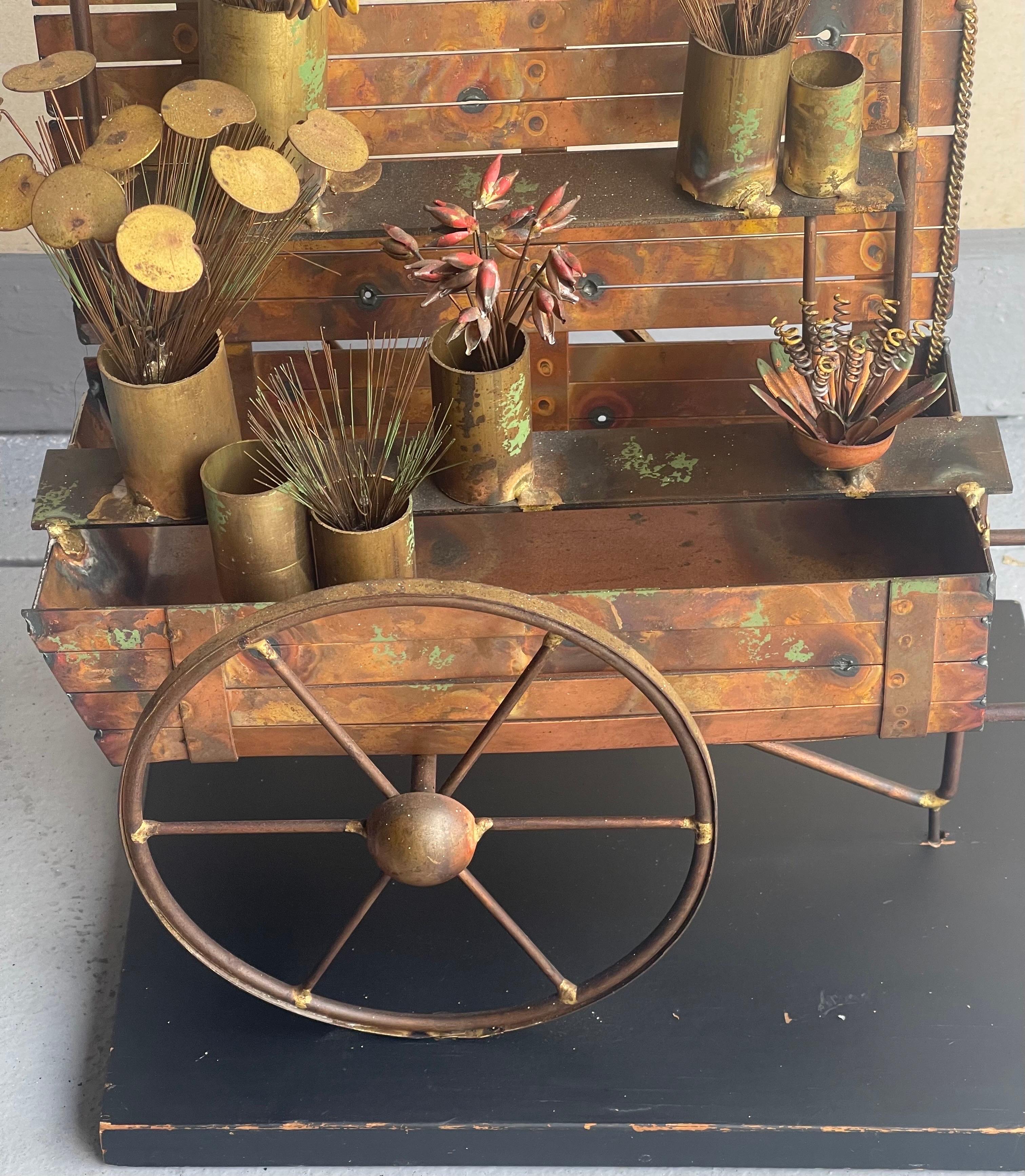 Flower Cart Mixed Metal Sculpture by C. Jere for Artisian House For Sale 2