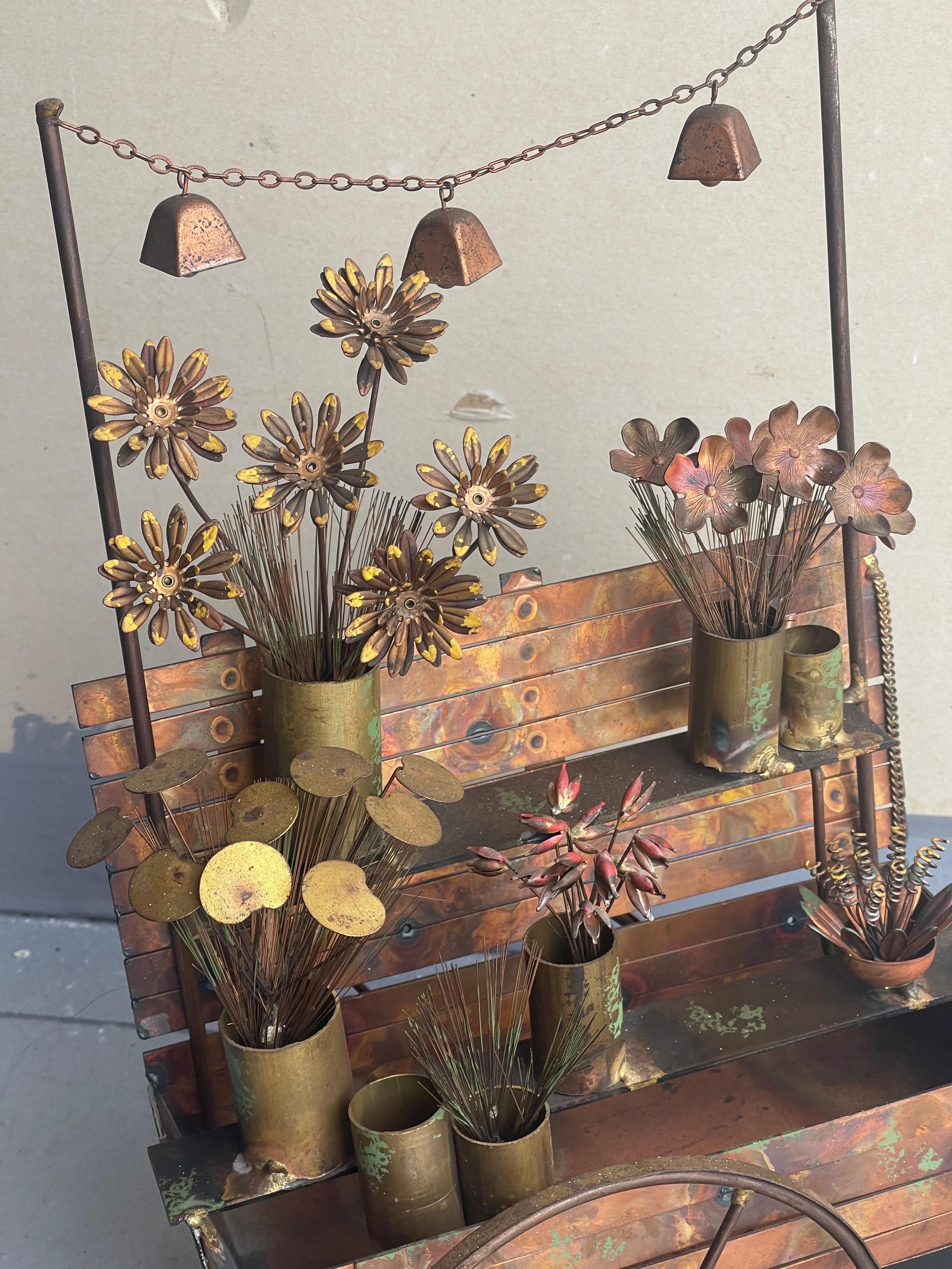 Flower Cart Mixed Metal Sculpture by C. Jere for Artisian House For Sale 5