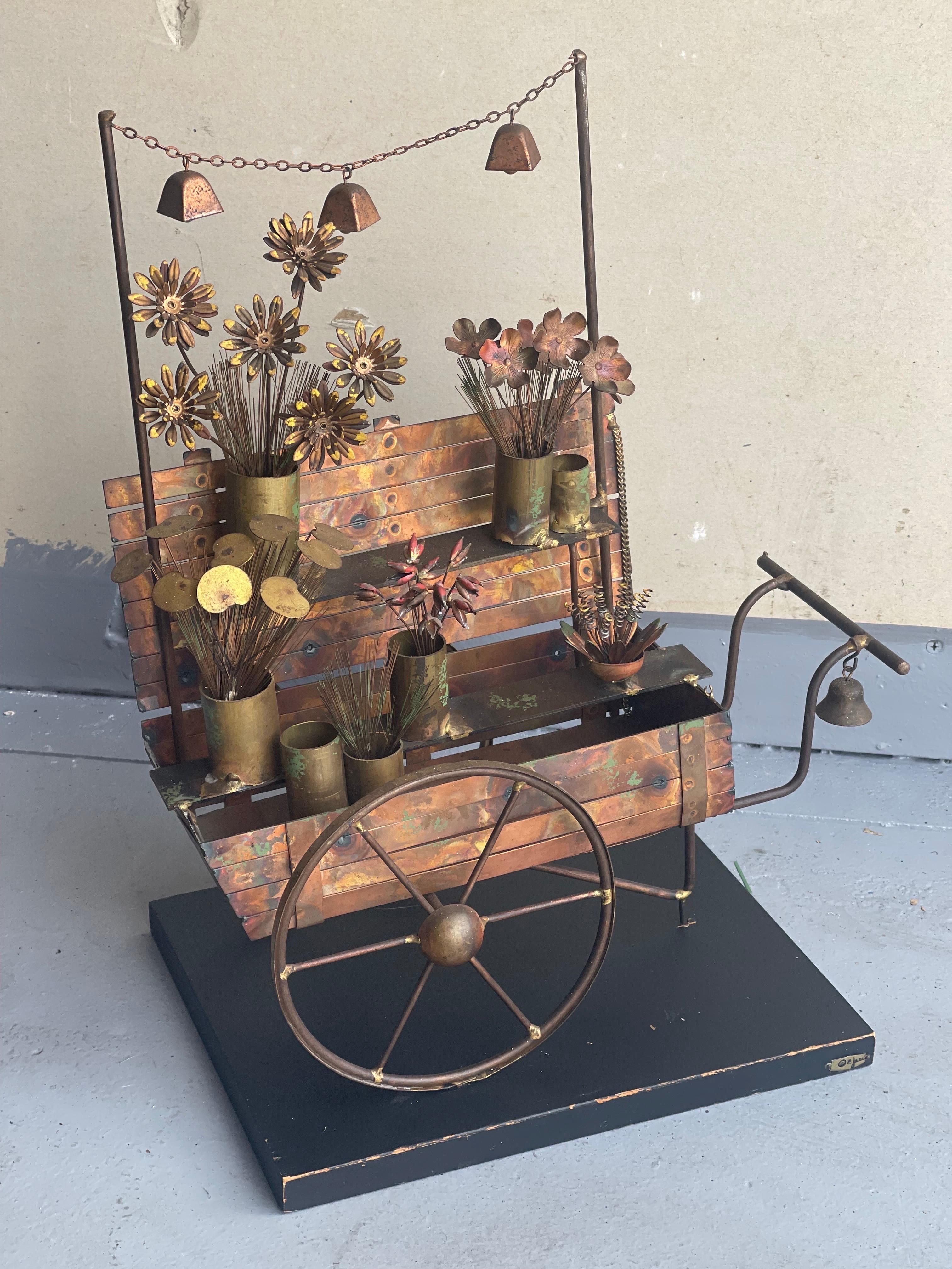 Flower Cart Mixed Metal Sculpture by C. Jere for Artisian House For Sale 6
