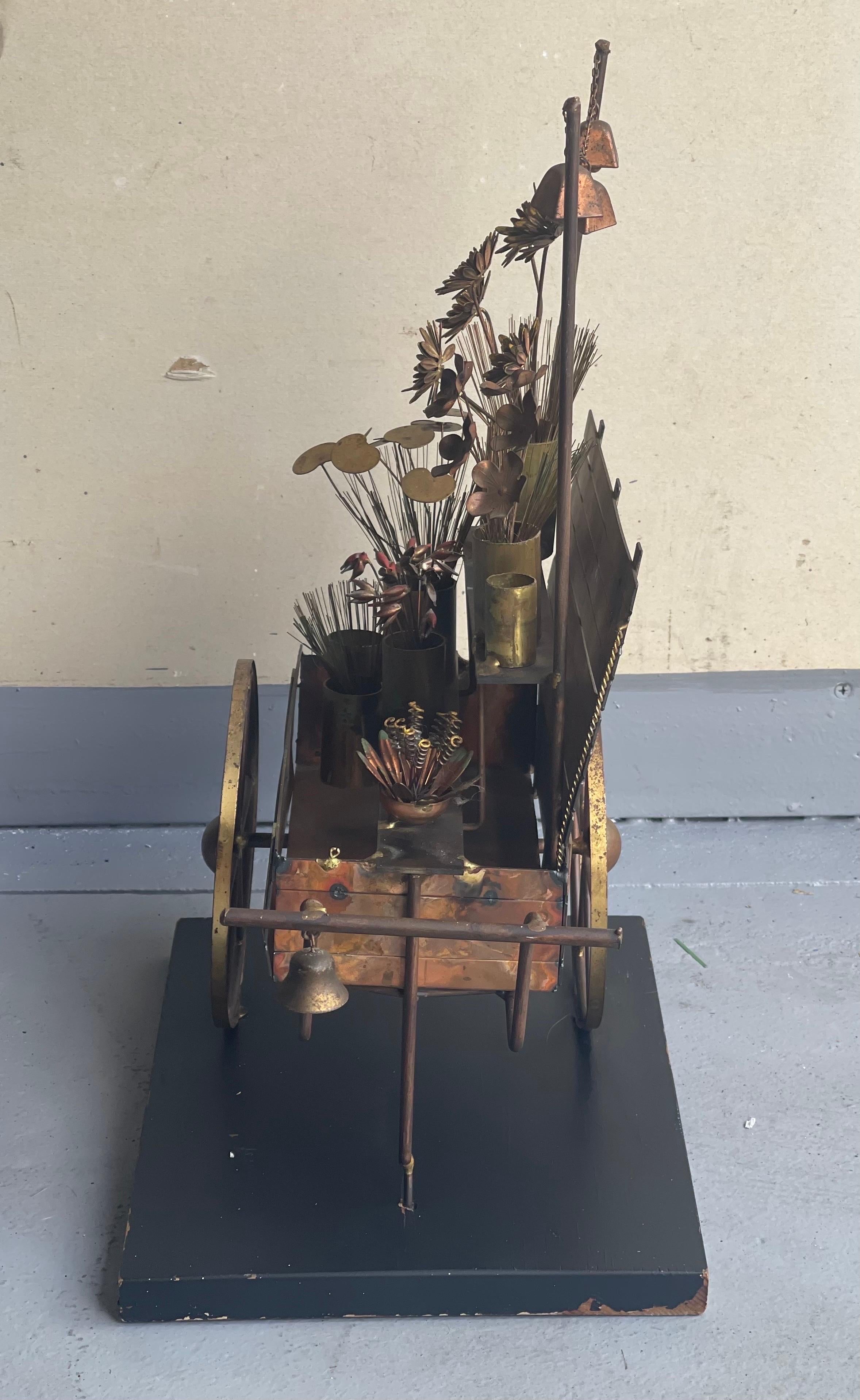 American Flower Cart Mixed Metal Sculpture by C. Jere for Artisian House For Sale