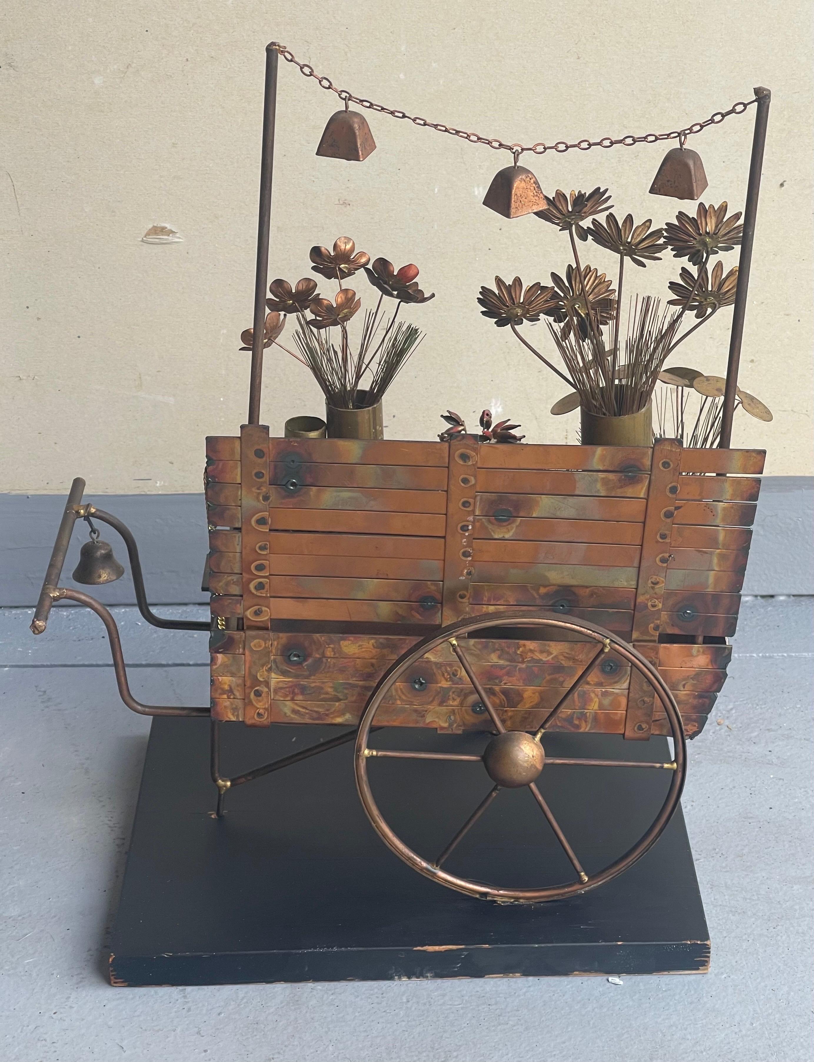 Flower Cart Mixed Metal Sculpture by C. Jere for Artisian House In Good Condition For Sale In San Diego, CA