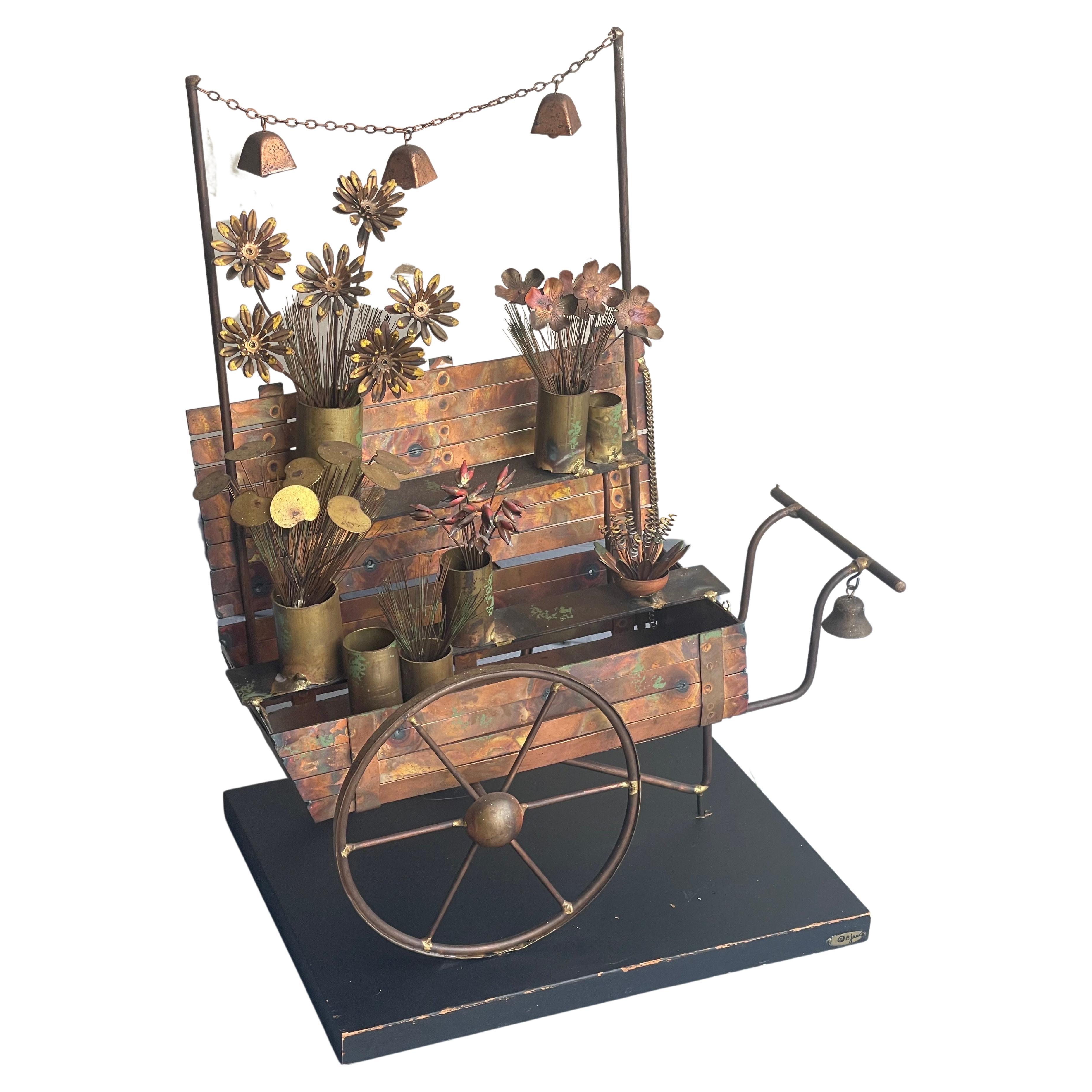 Flower Cart Mixed Metal Sculpture by C. Jere for Artisian House For Sale