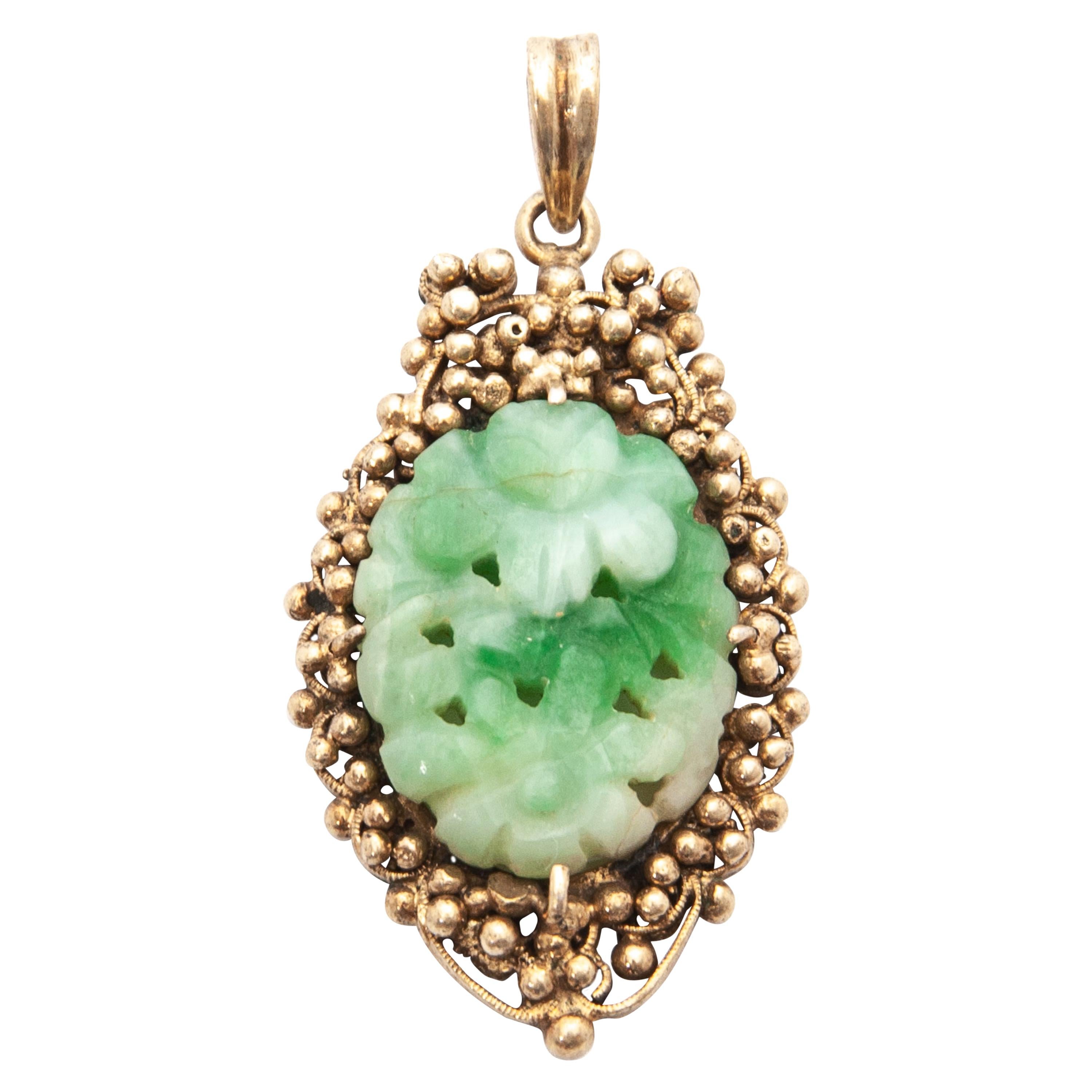 Floral Carved Jade and Gilded Silver Pendant For Sale