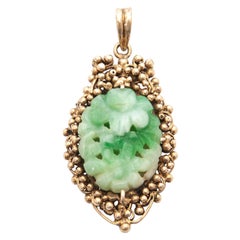 Vintage Floral Carved Jade and Gilded Silver Pendant