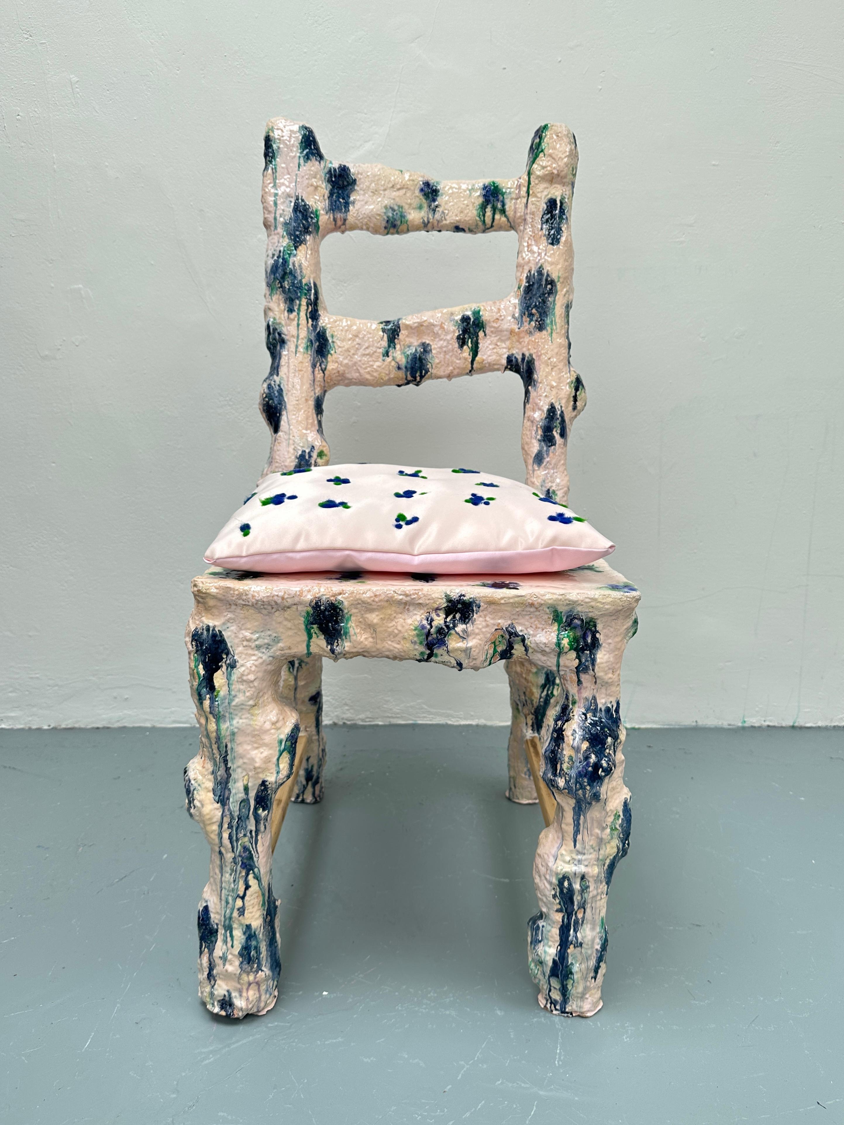 Flower Chair by Maria Zakioso
Dimensions: W 40 x D 55 x H 98 cm
Materials: Wood, Papier-mâché, Acrylic, Silk. 

Maria Lysenko is a 28 year old contemporary artist born in Ufa, Russia. She started her art practice a few years ago, while working in