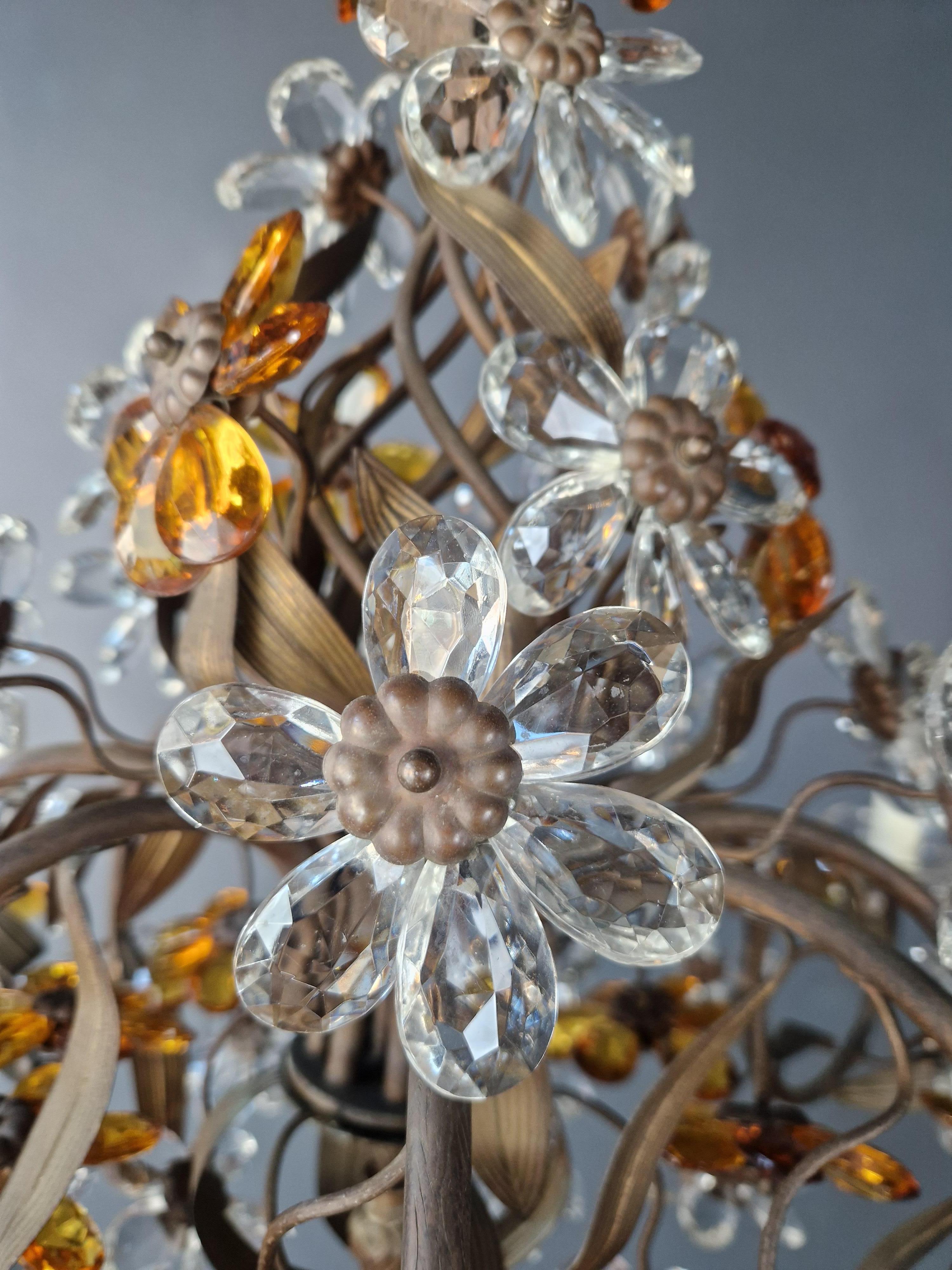 Flower Chandelier Amber Crysatal Glass Candelabrum Brass Bronze Antique For Sale 5