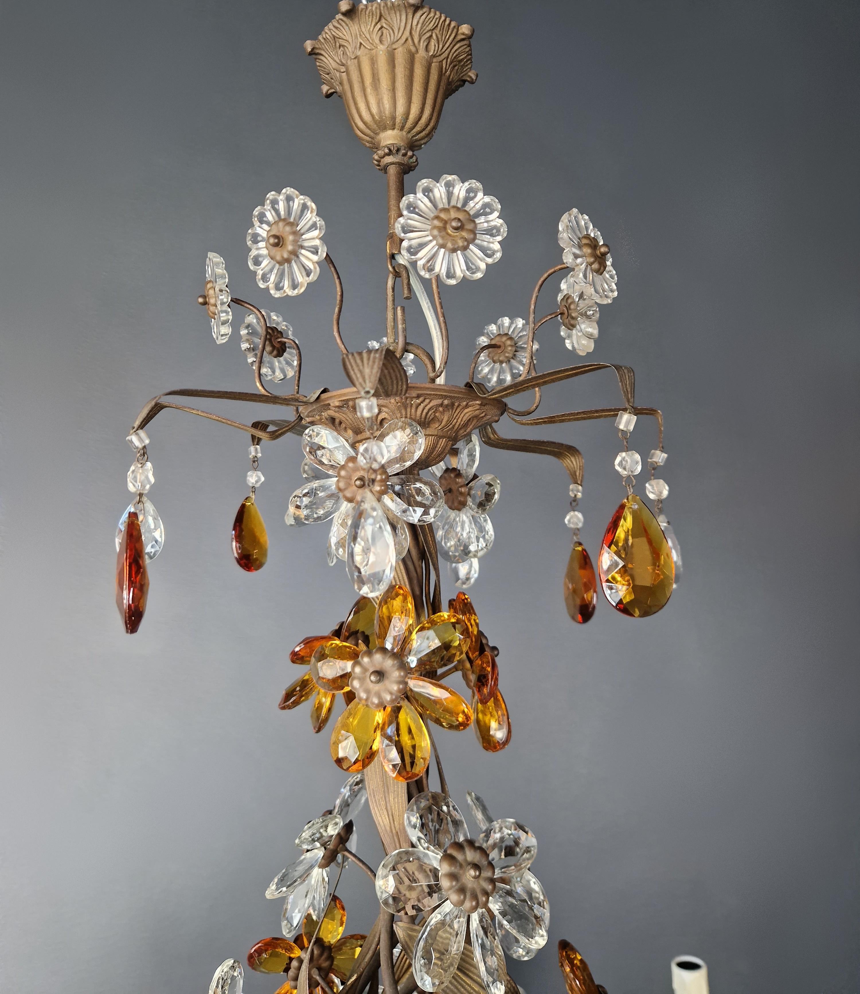 Flower Chandelier Amber Crysatal Glass Candelabrum Brass Bronze Antique For Sale 2