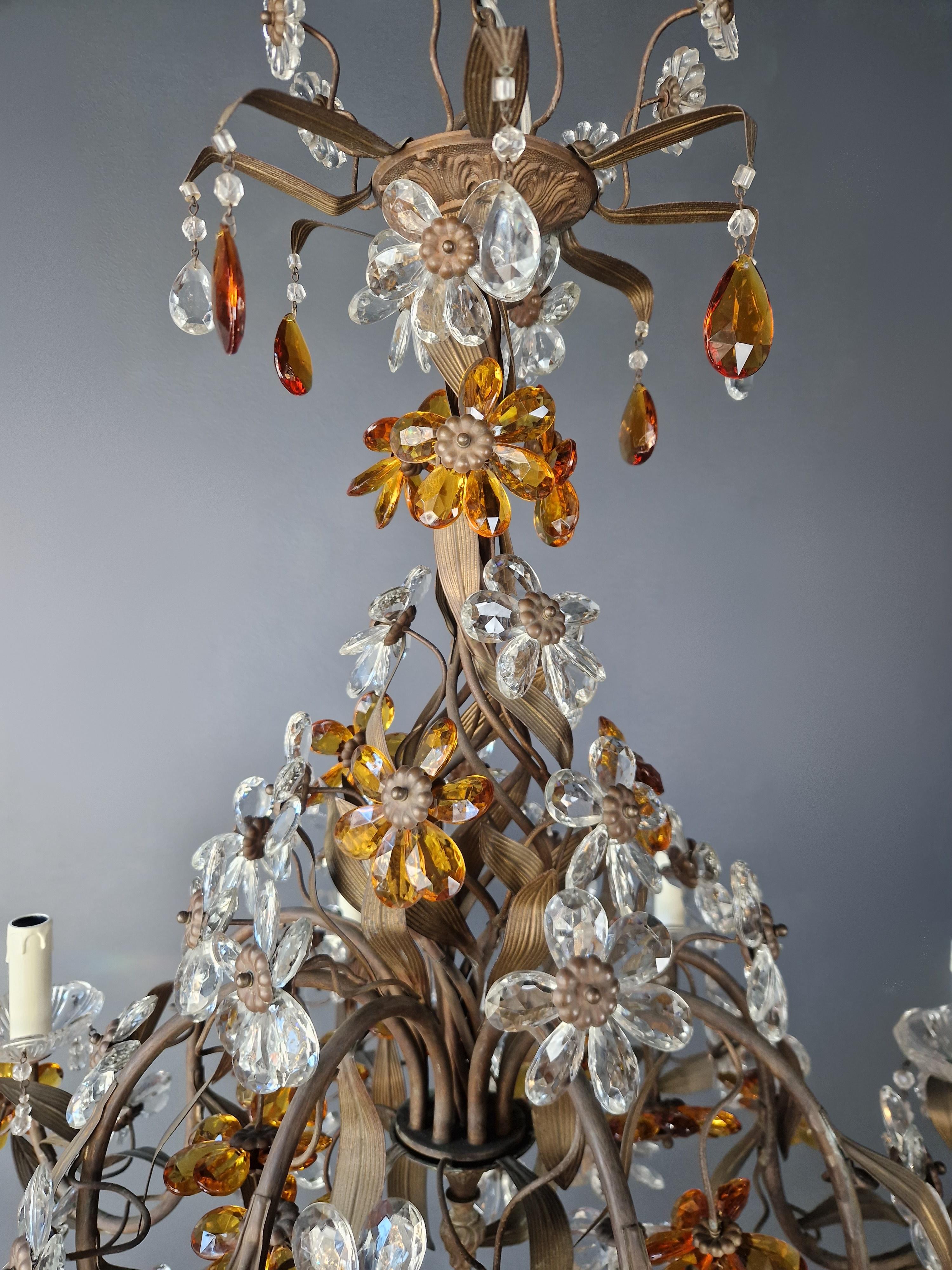 Mid-20th Century Flower Chandelier Amber Crysatal Glass Candelabrum Brass Bronze Antique For Sale