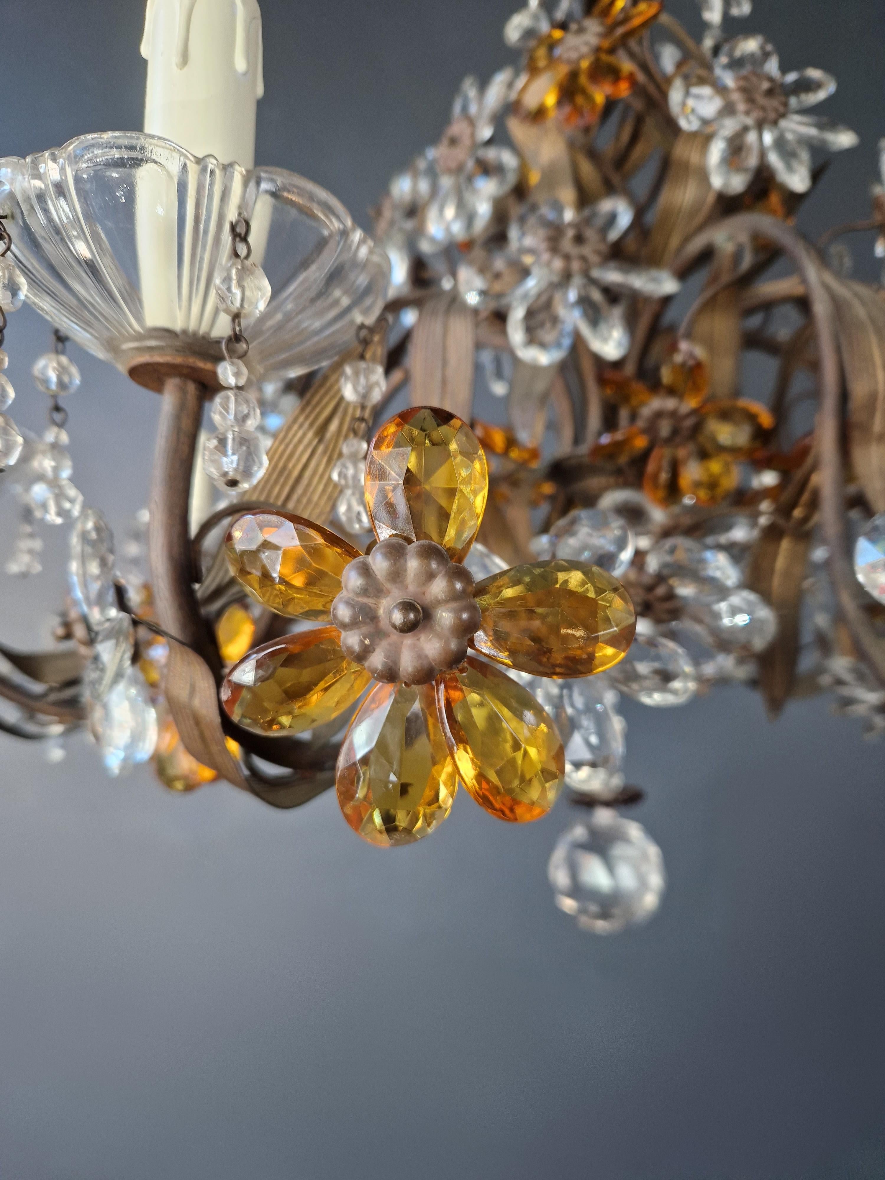 Flower Chandelier Amber Crysatal Glass Candelabrum Brass Bronze Antique For Sale 3