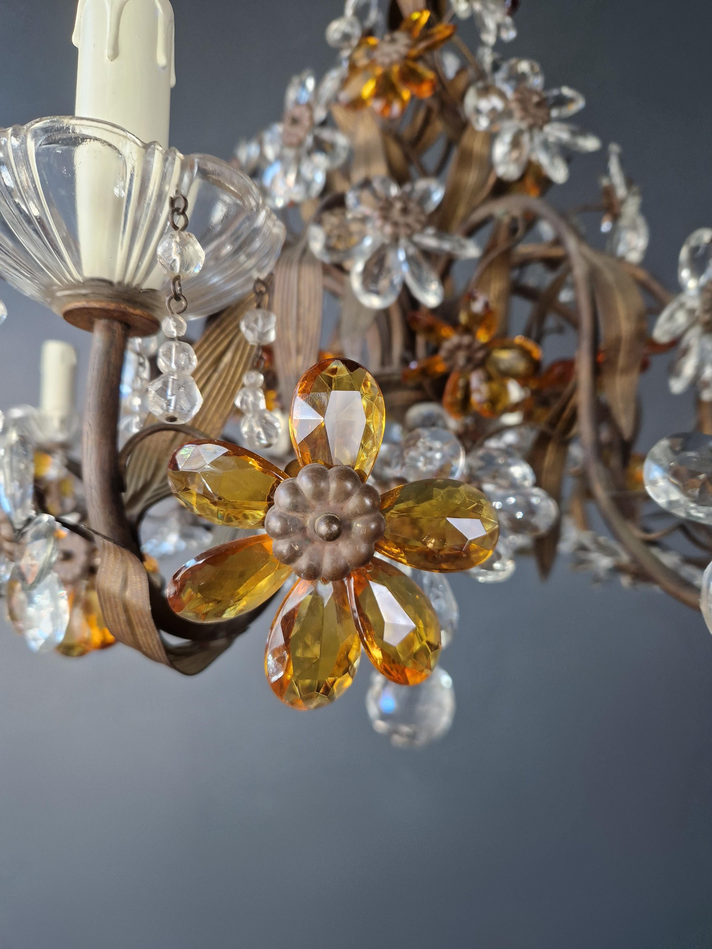 Flower Chandelier Amber Crysatal Glass Candelabrum Brass Bronze Antique For Sale 4