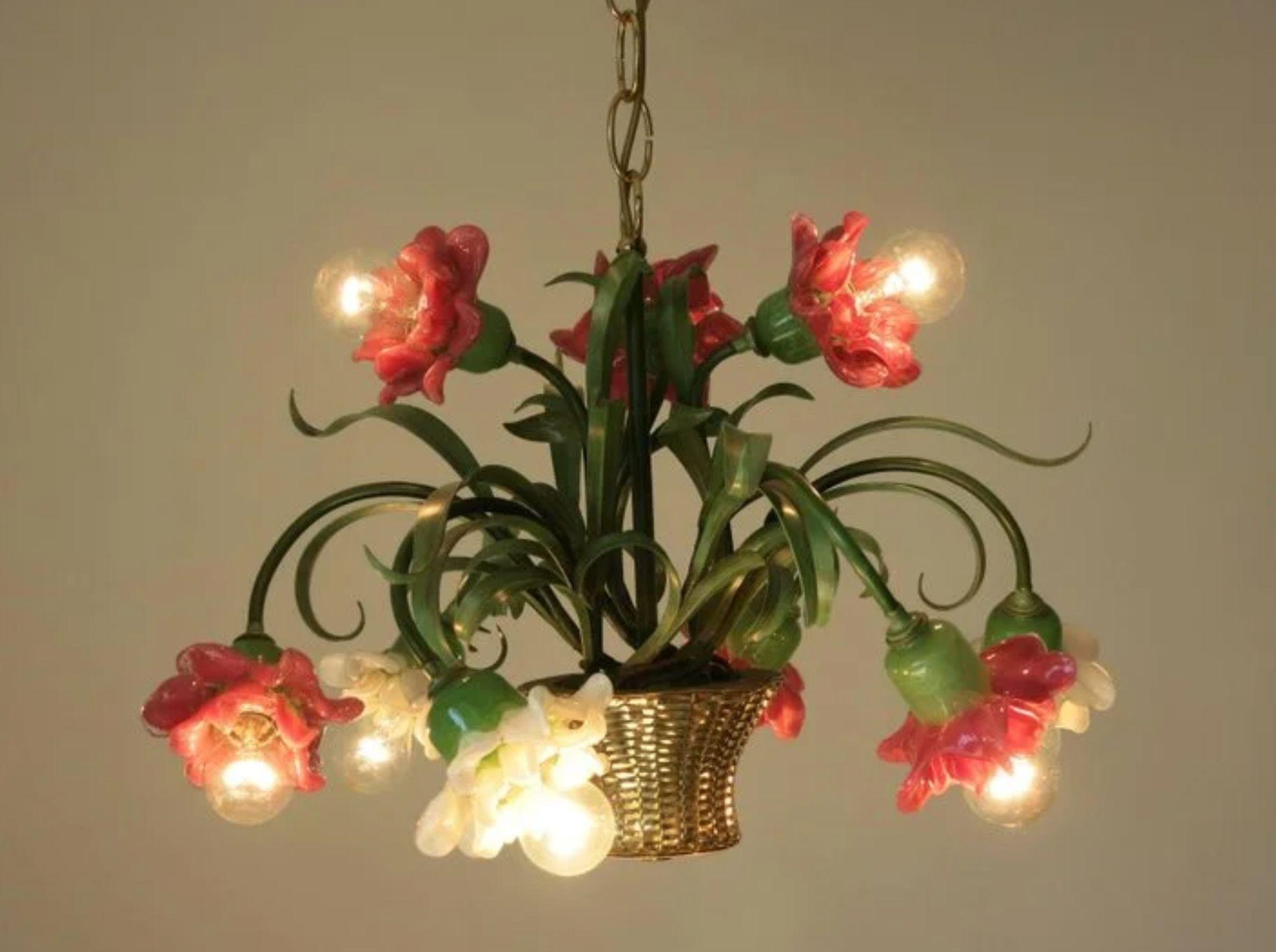 Lámpara Flor de Banci Firenze - Cristal de Murano y Hierro Dorado, Italia, años 80. Italiano en venta