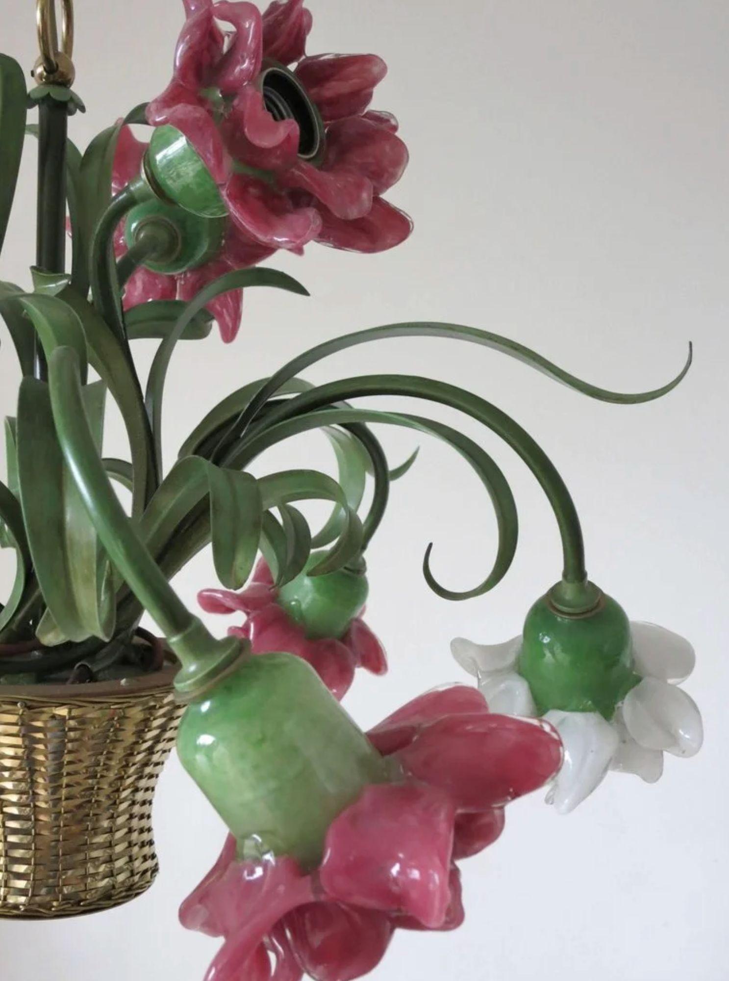 Lámpara Flor de Banci Firenze - Cristal de Murano y Hierro Dorado, Italia, años 80. finales del siglo XX en venta