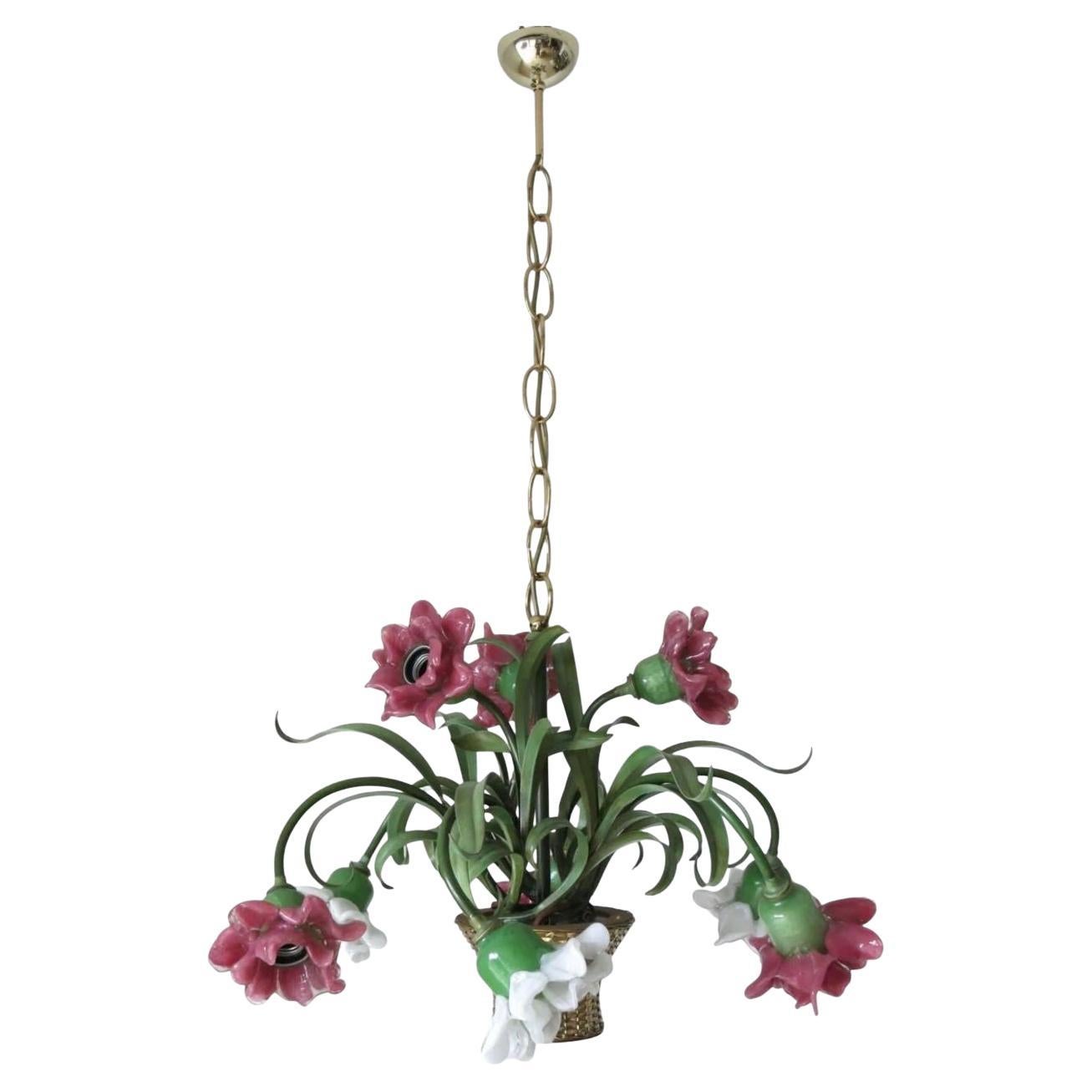 Lámpara Flor de Banci Firenze - Cristal de Murano y Hierro Dorado, Italia, años 80. en venta