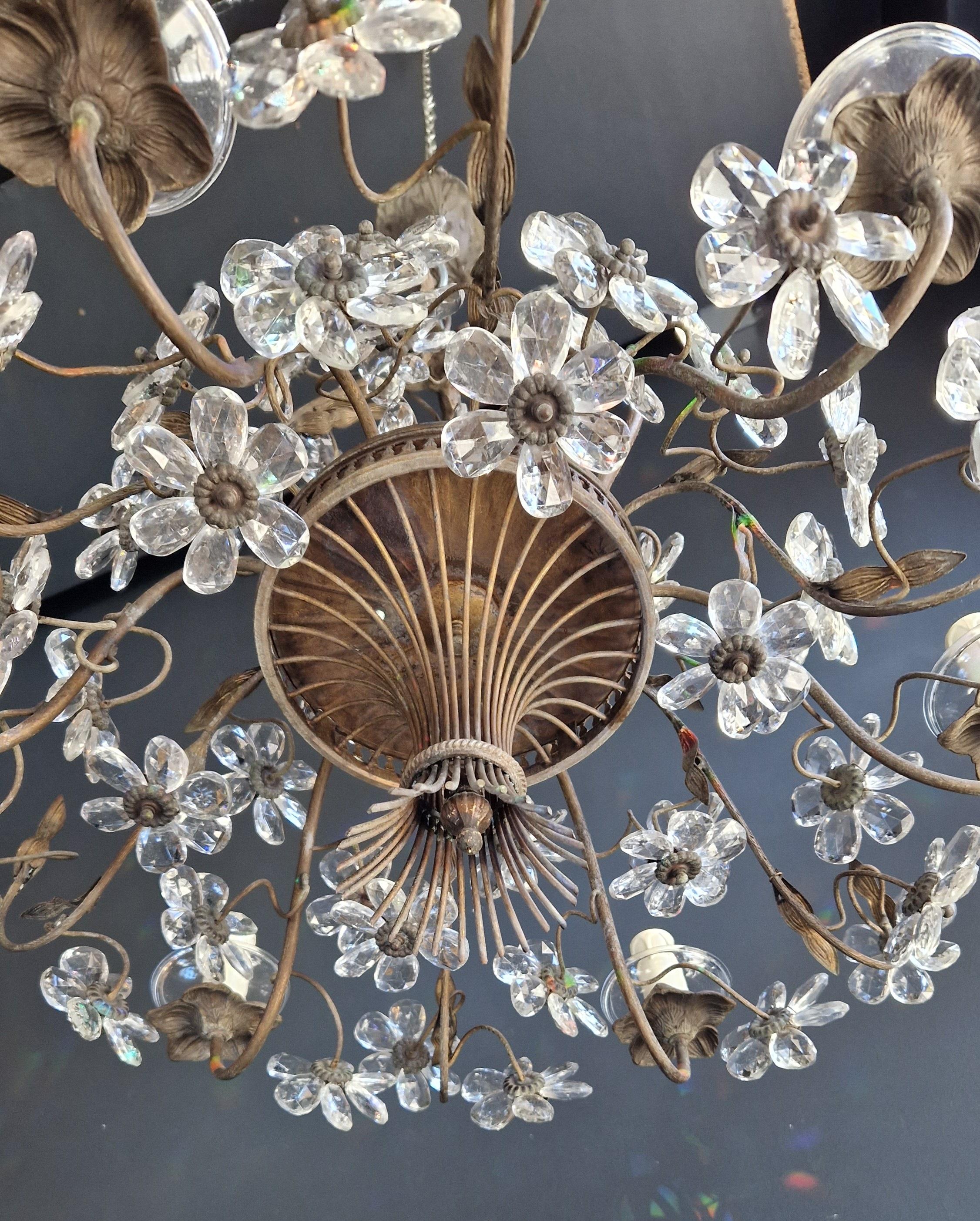 European Flower Chandelier Crysatal Glass Candelabrum Brass Bronze Antique For Sale