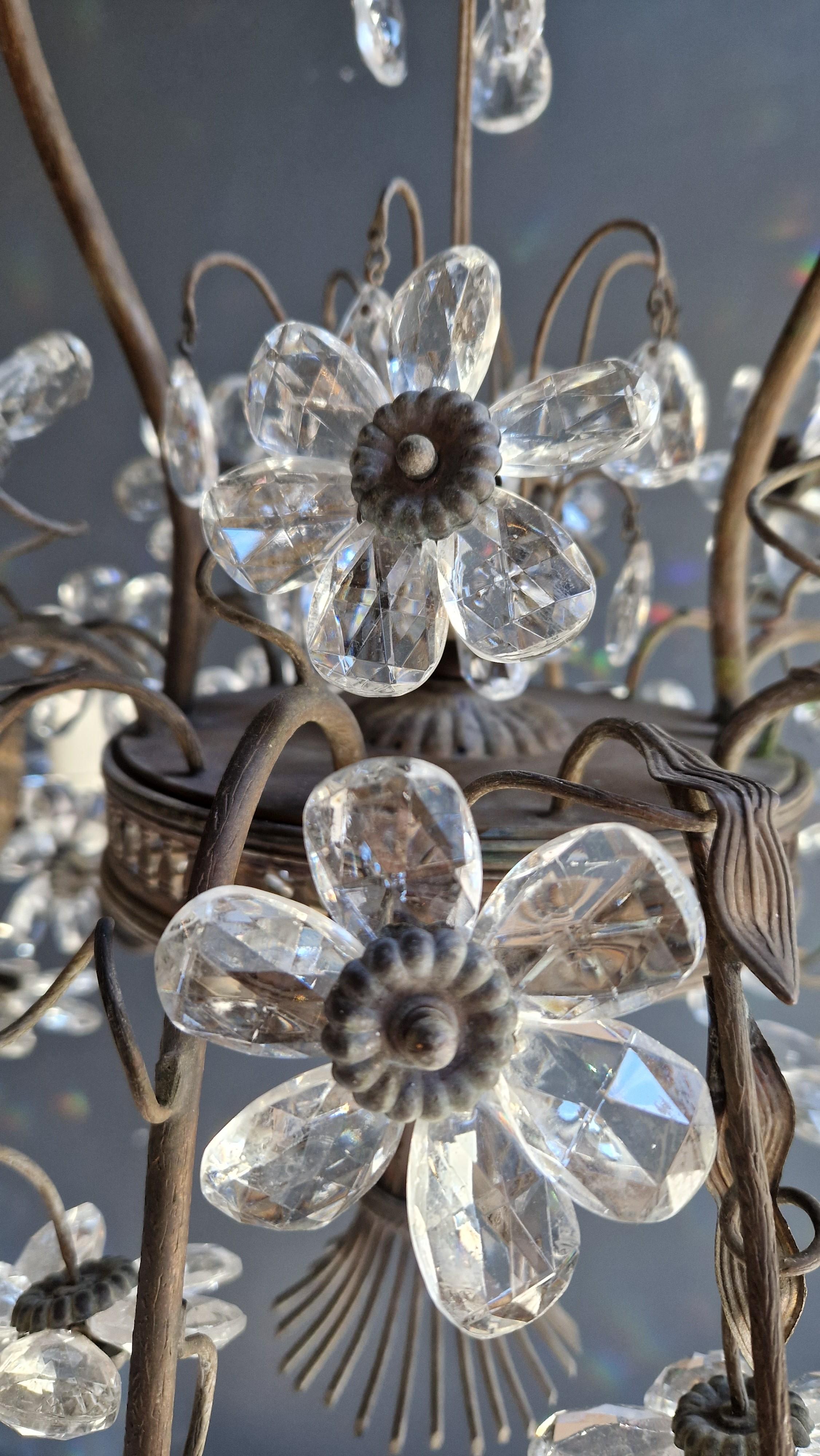 Hand-Crafted Flower Chandelier Crysatal Glass Candelabrum Brass Bronze Antique For Sale