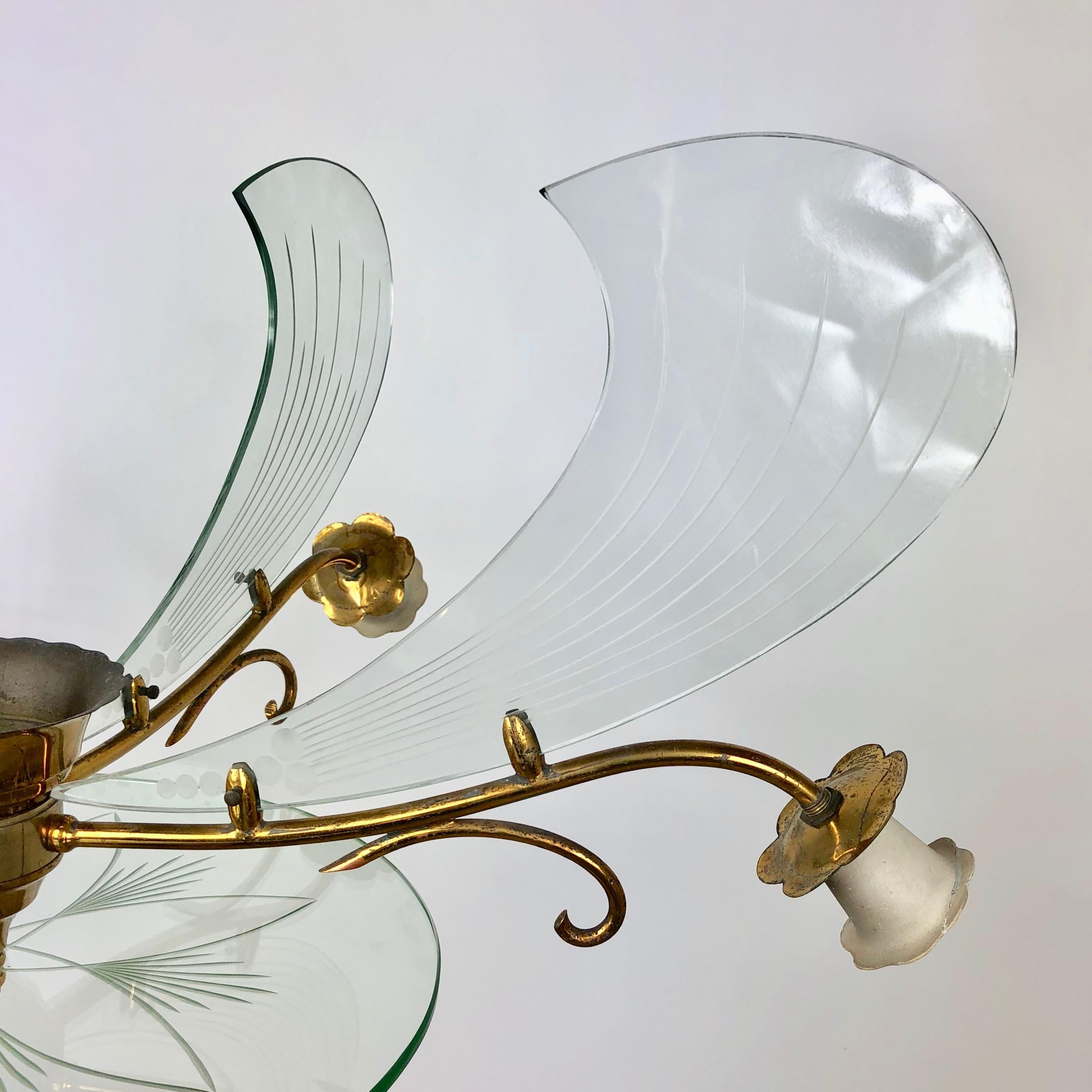 Flower Chandelier in Brass and Glass by Fontana Arte, Italy, 1950s 3
