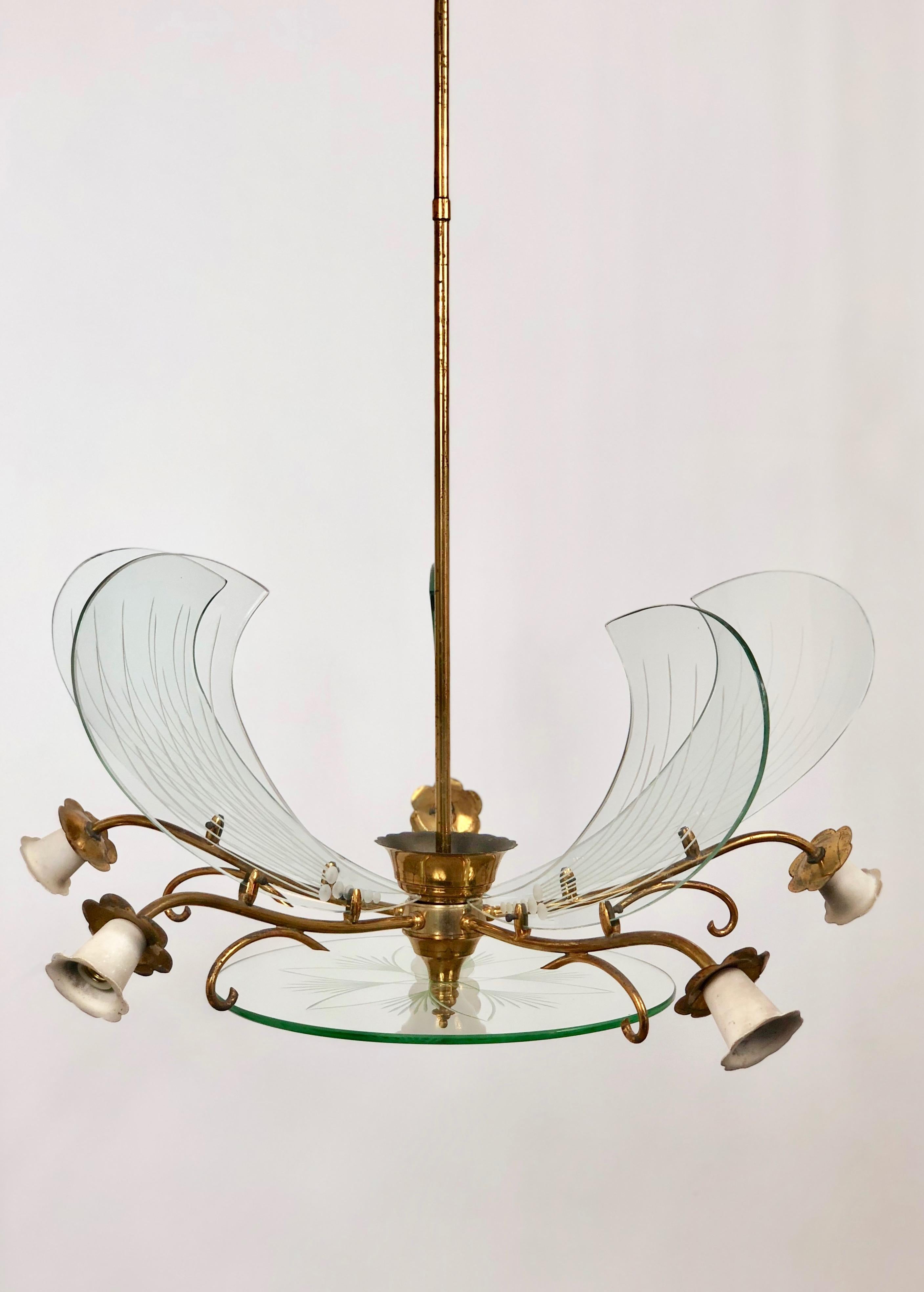 Mid-Century Modern Flower Chandelier in Brass and Glass by Fontana Arte, Italy, 1950s
