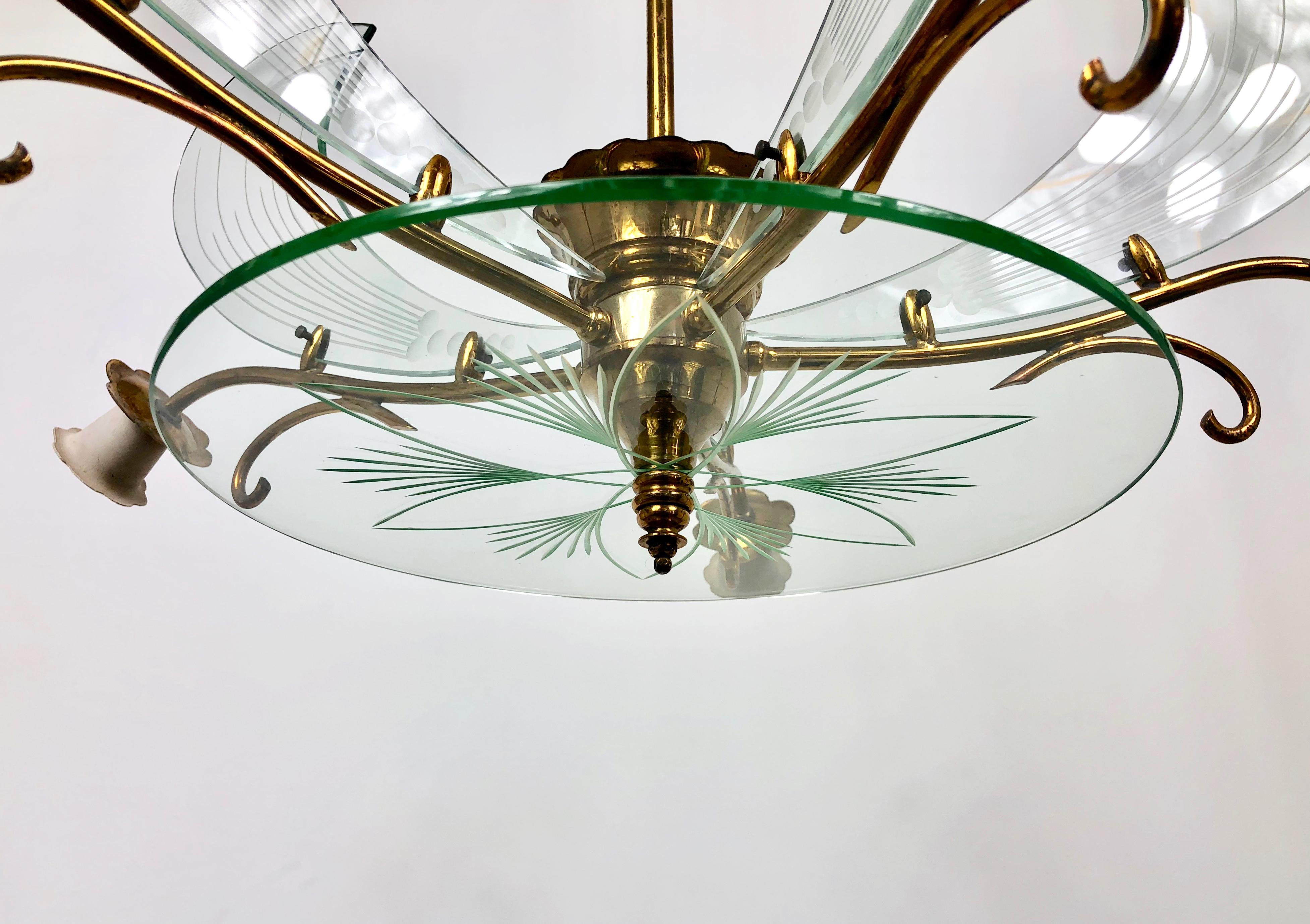 Flower Chandelier in Brass and Glass by Fontana Arte, Italy, 1950s In Good Condition In Rome, IT