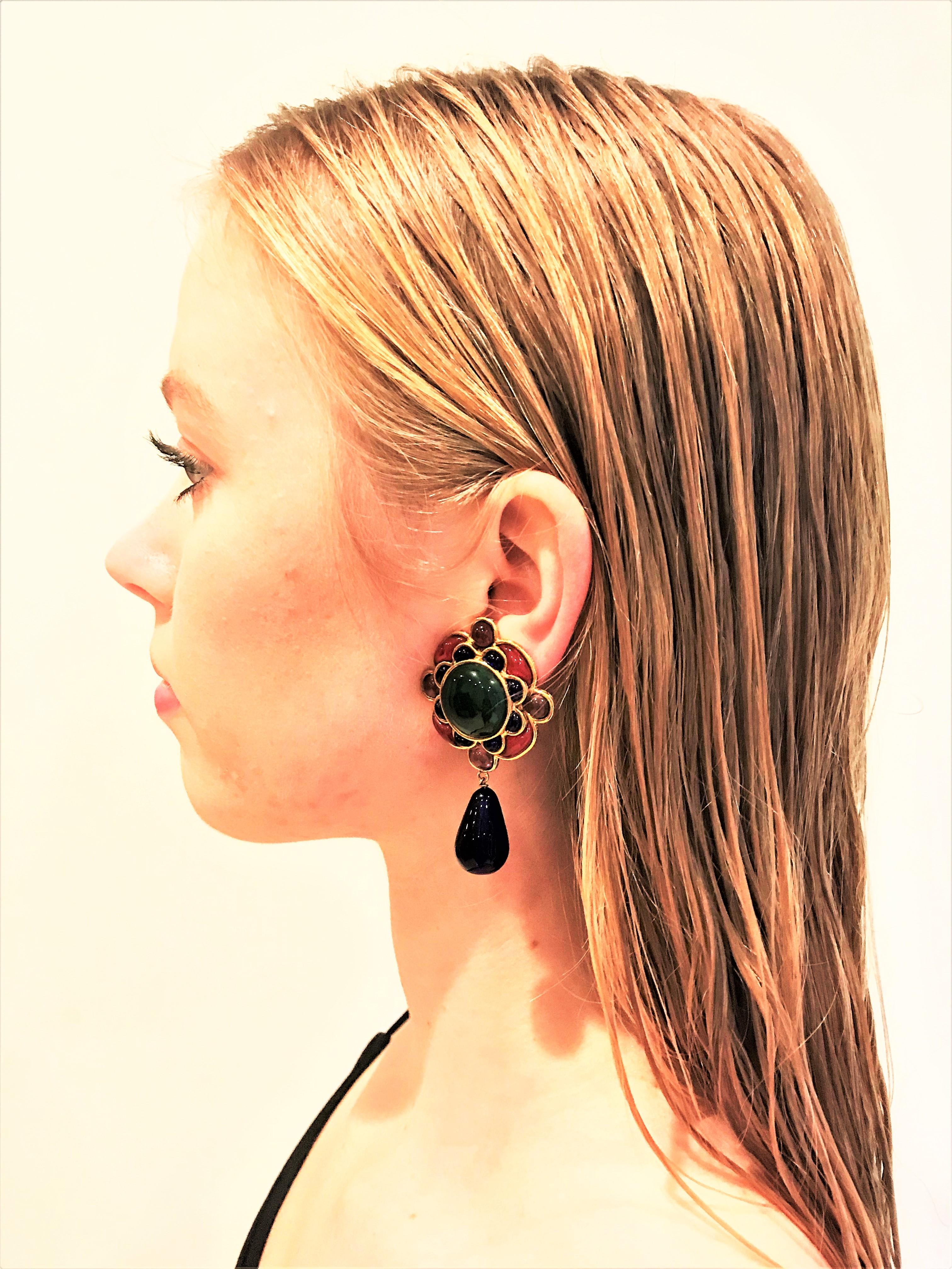 Artist Flower clip-on earring in the styl of Chanel gilded metal polychrome glass past  For Sale