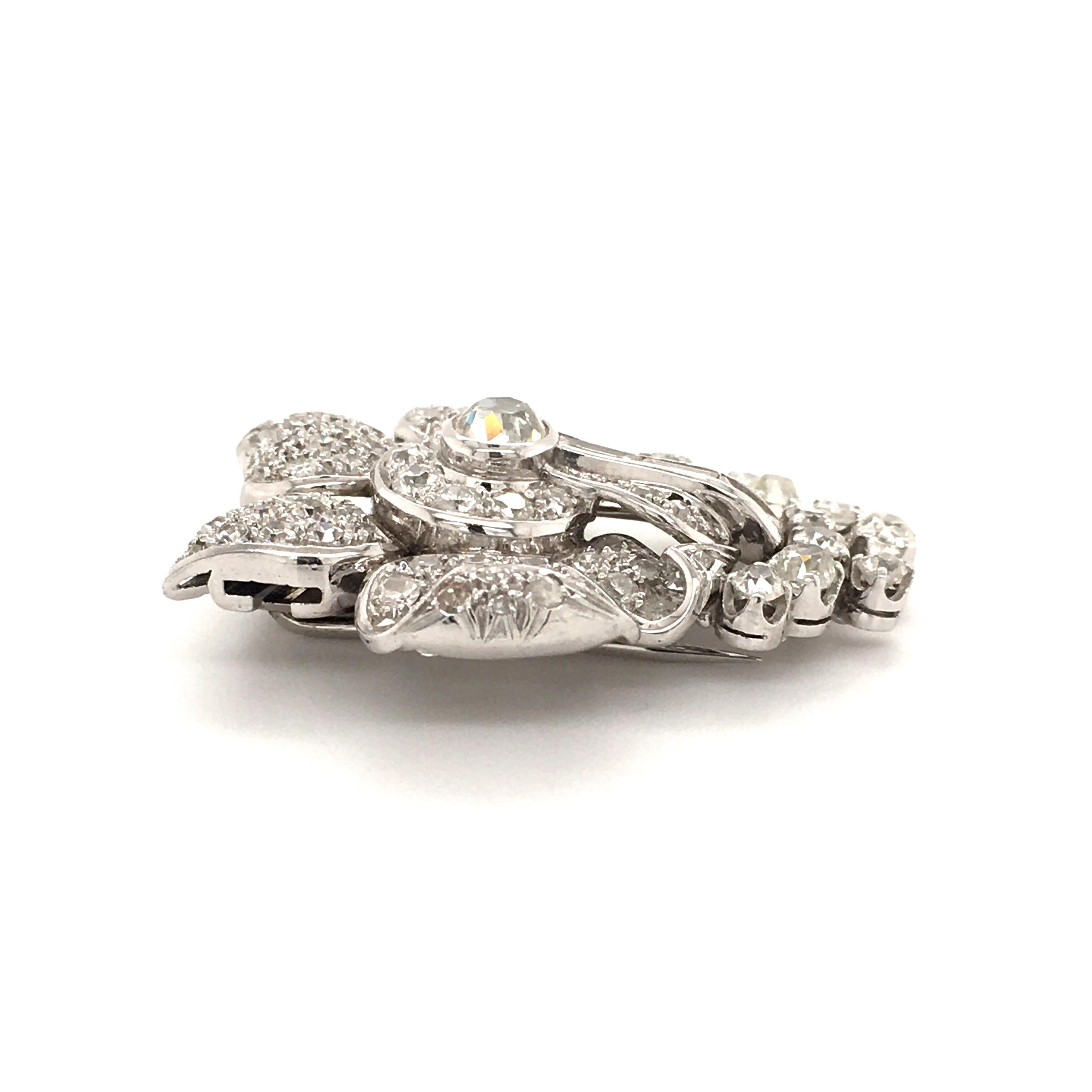 Old Mine Cut Flower Clip with Old Cut Diamonds in Platinum 950