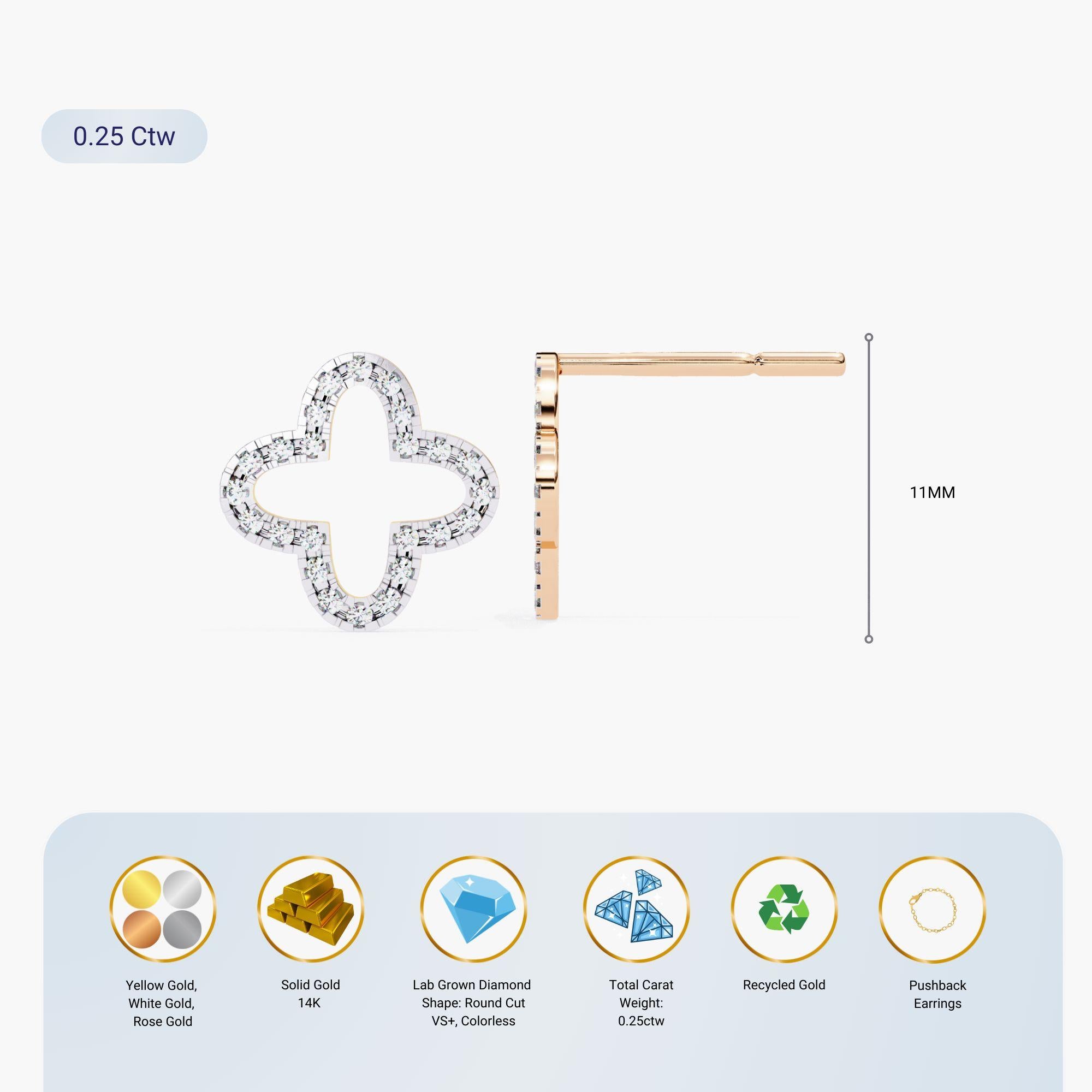 Pendientes de oro macizo de 14 quilates con diamantes naturales en forma de flor de trébol, SI GH en venta 2