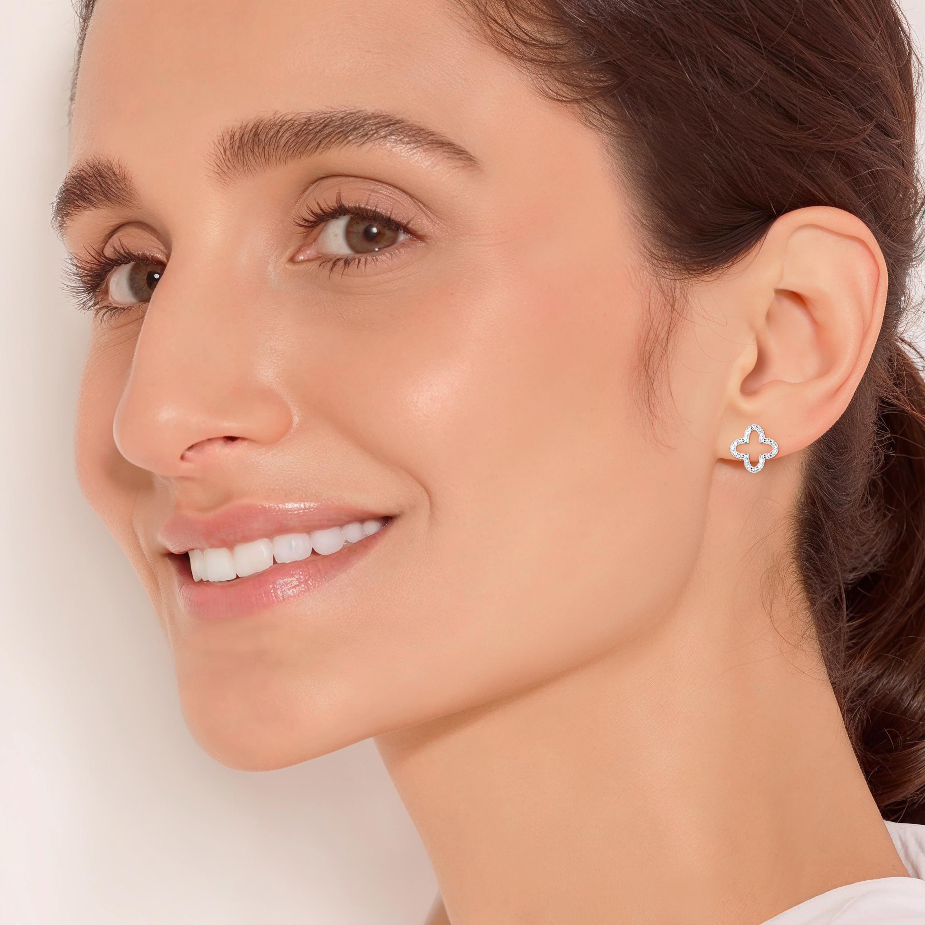 Pendientes de oro macizo de 14 quilates con diamantes naturales en forma de flor de trébol, SI GH en venta 3