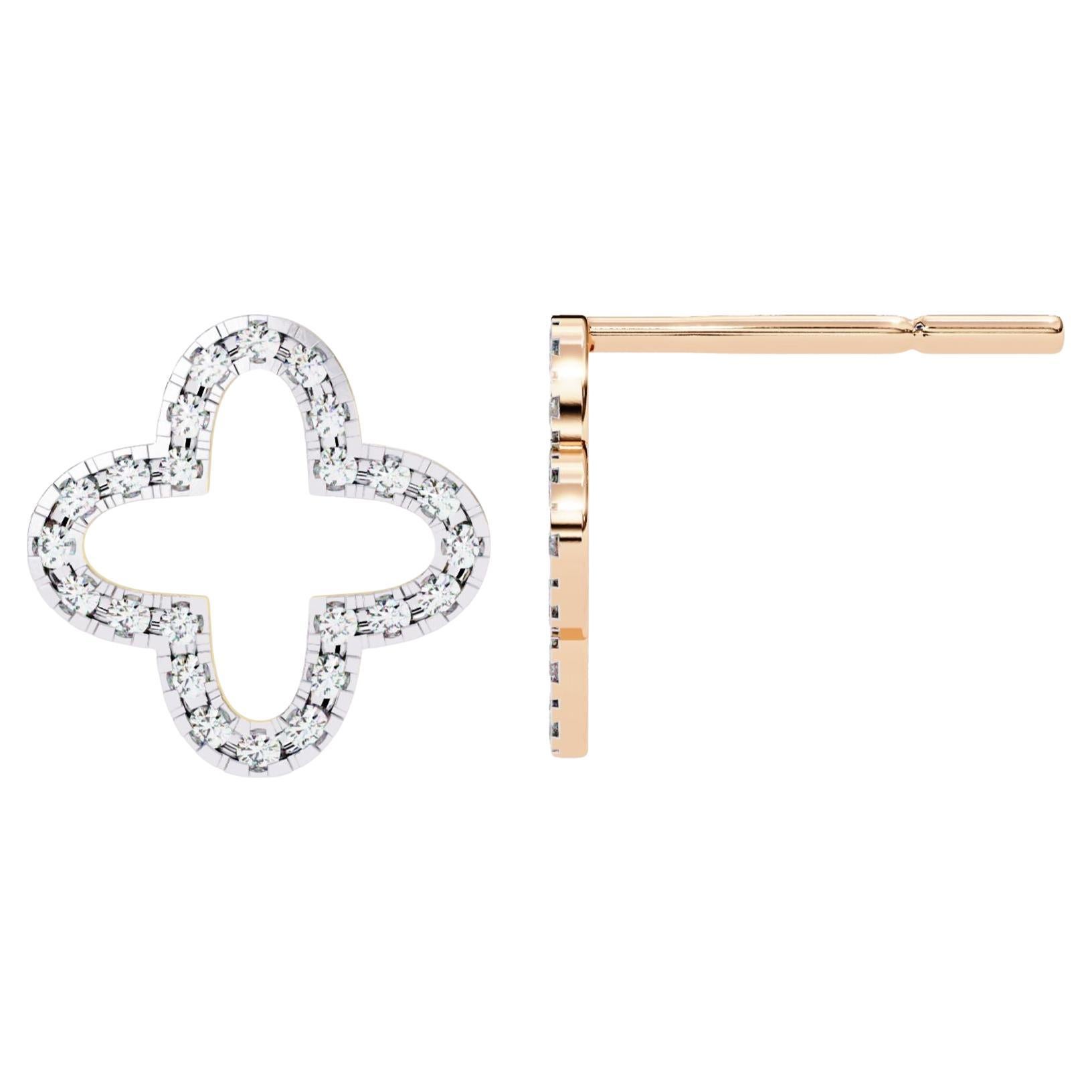 Flower Clover Natural Diamond Dainty Stud Earrings, 14k Solid Gold, SI GH