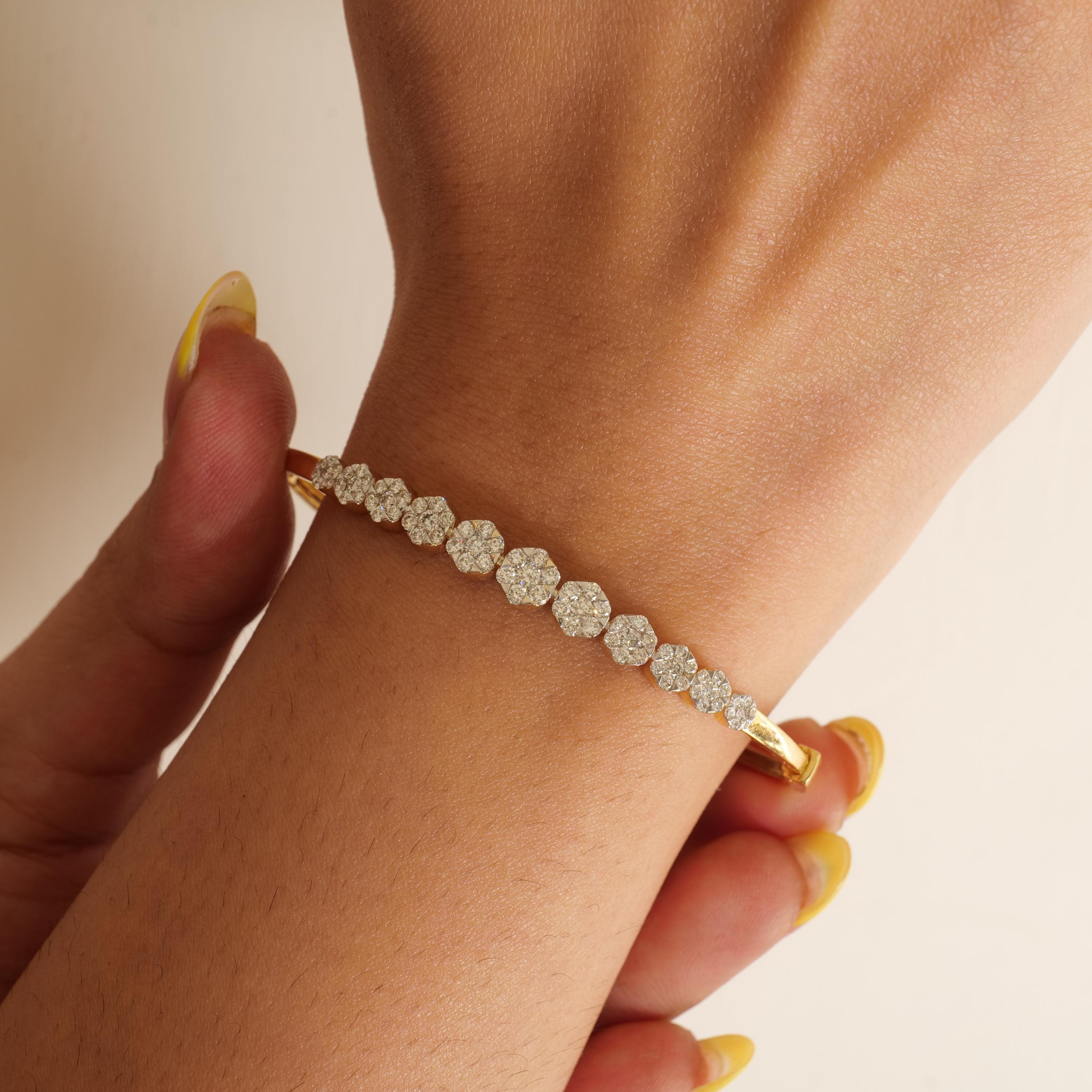 Art Deco Flower Cluster Diamond Cuff Bracelet in 14k Solid Gold (Certified) For Sale