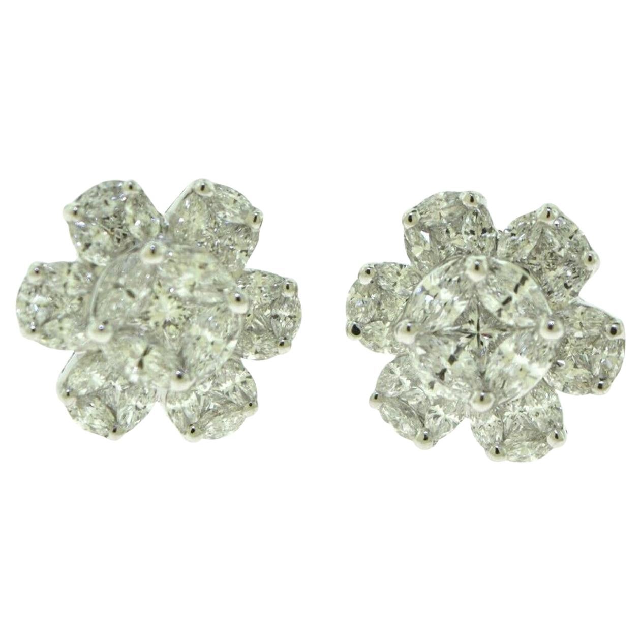 Flower Cluster Diamond Optical Illusion Earring Studs in 18 Karat White Gold