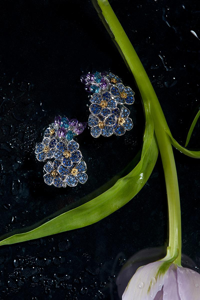 Contemporary Flower Cluster Earrings - 18k Gold, Blue Sapphires, Amethyst, Topaz For Sale