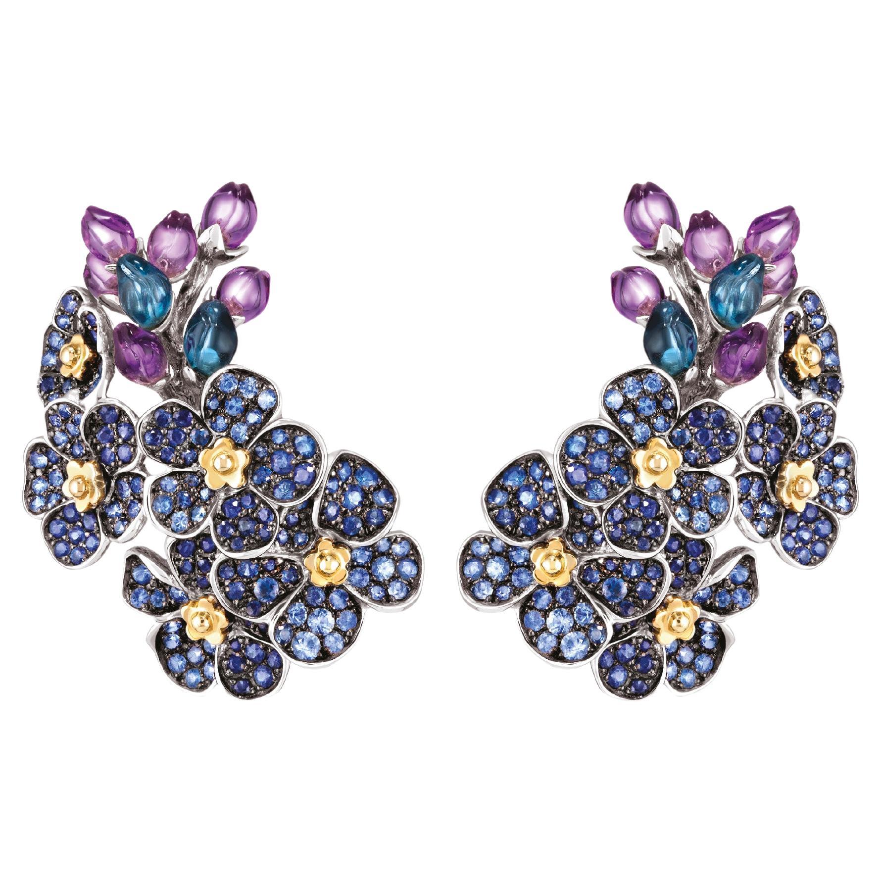 Boucles d'oreilles grappe de fleurs en or 18 carats, saphirs bleus, améthyste, topaze