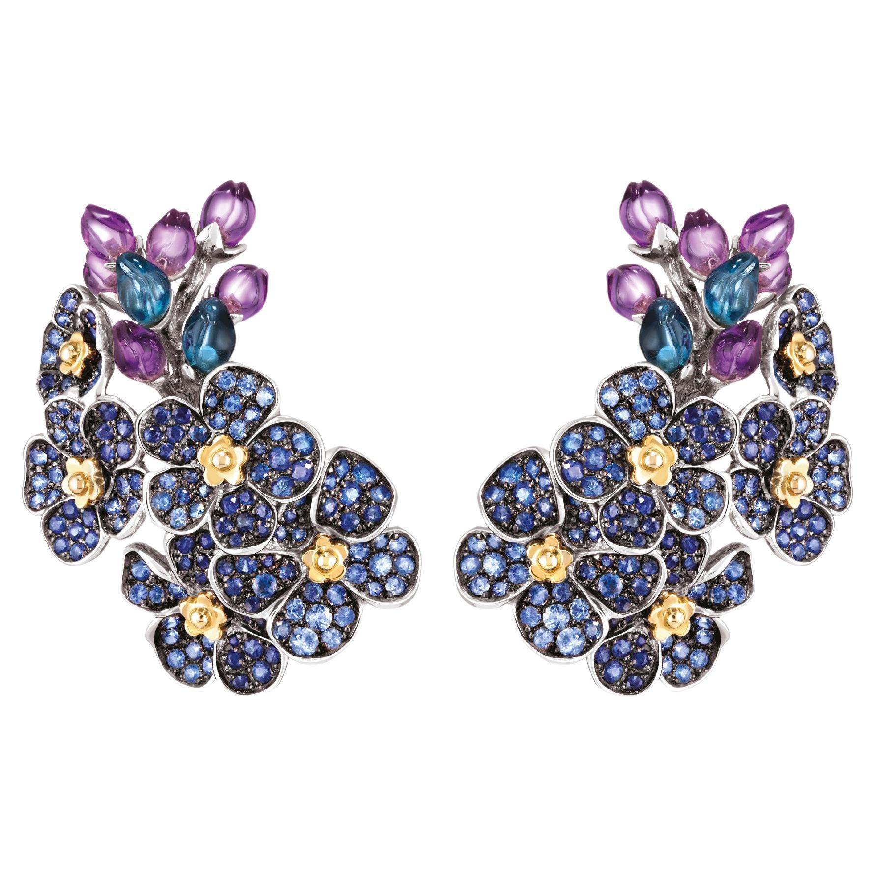 Blumen-Cluster-Ohrringe - 18k Gold, blaue Saphire, Amethyst, Topas