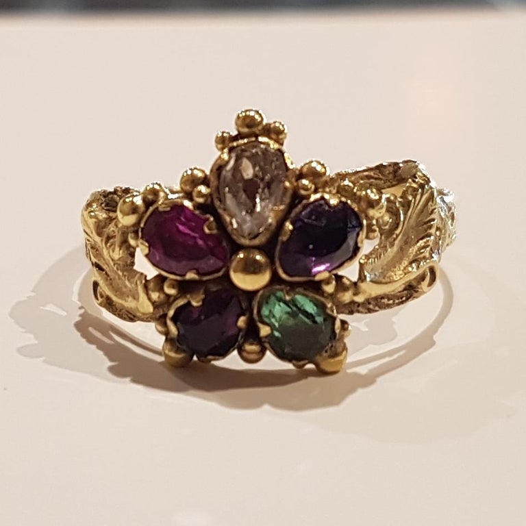 Flower Cluster Multi Gem Set Gold Ring at 1stDibs
