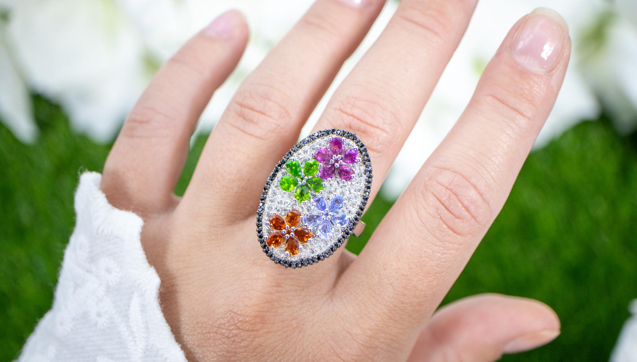 Contemporary Flower Cluster Ring Citrine Tanzanite Rhodolite Chrome Diopside Topaz Spinel For Sale