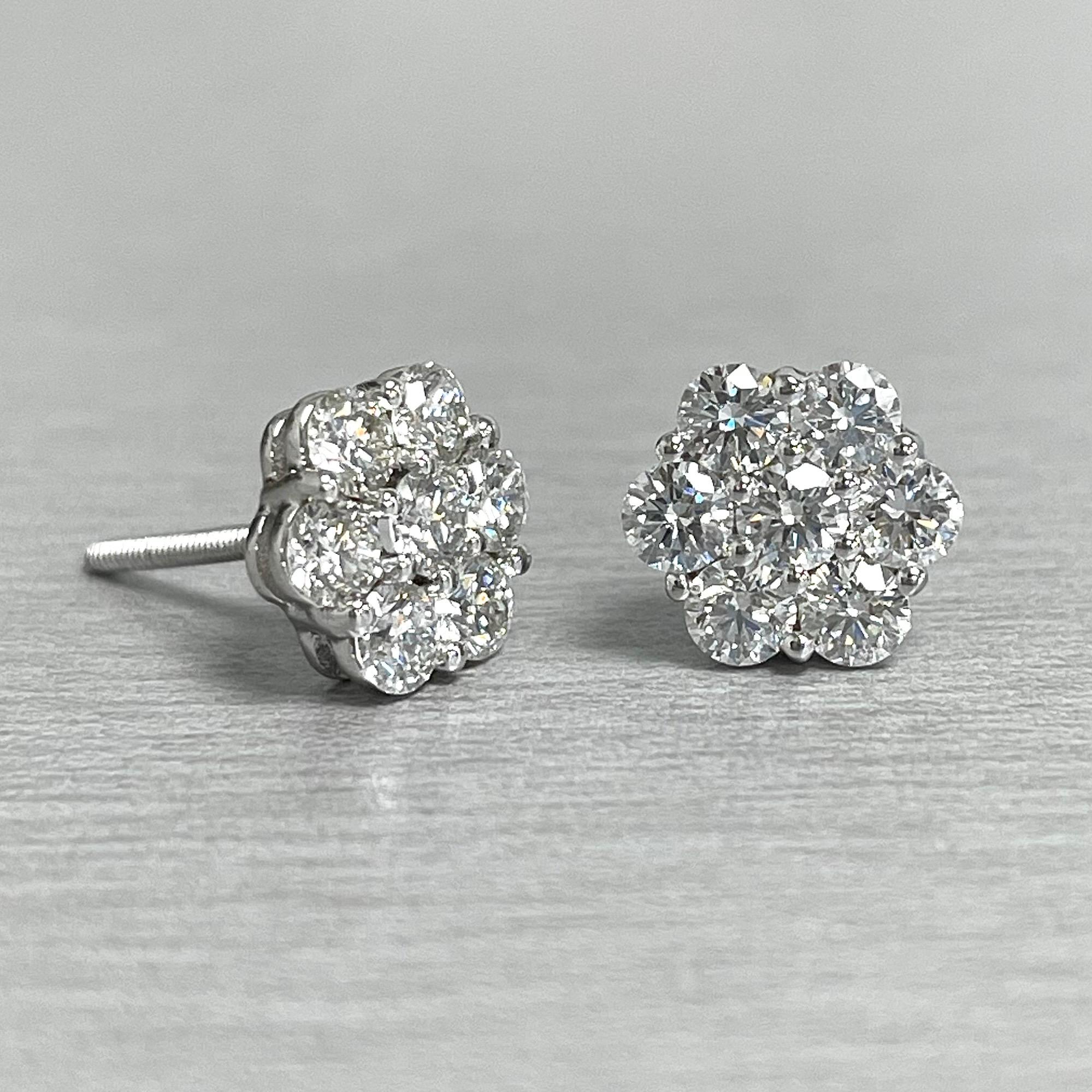 Round Cut Beauvince Flower Cluster Studs 1.42 Carat Diamonds in White Gold