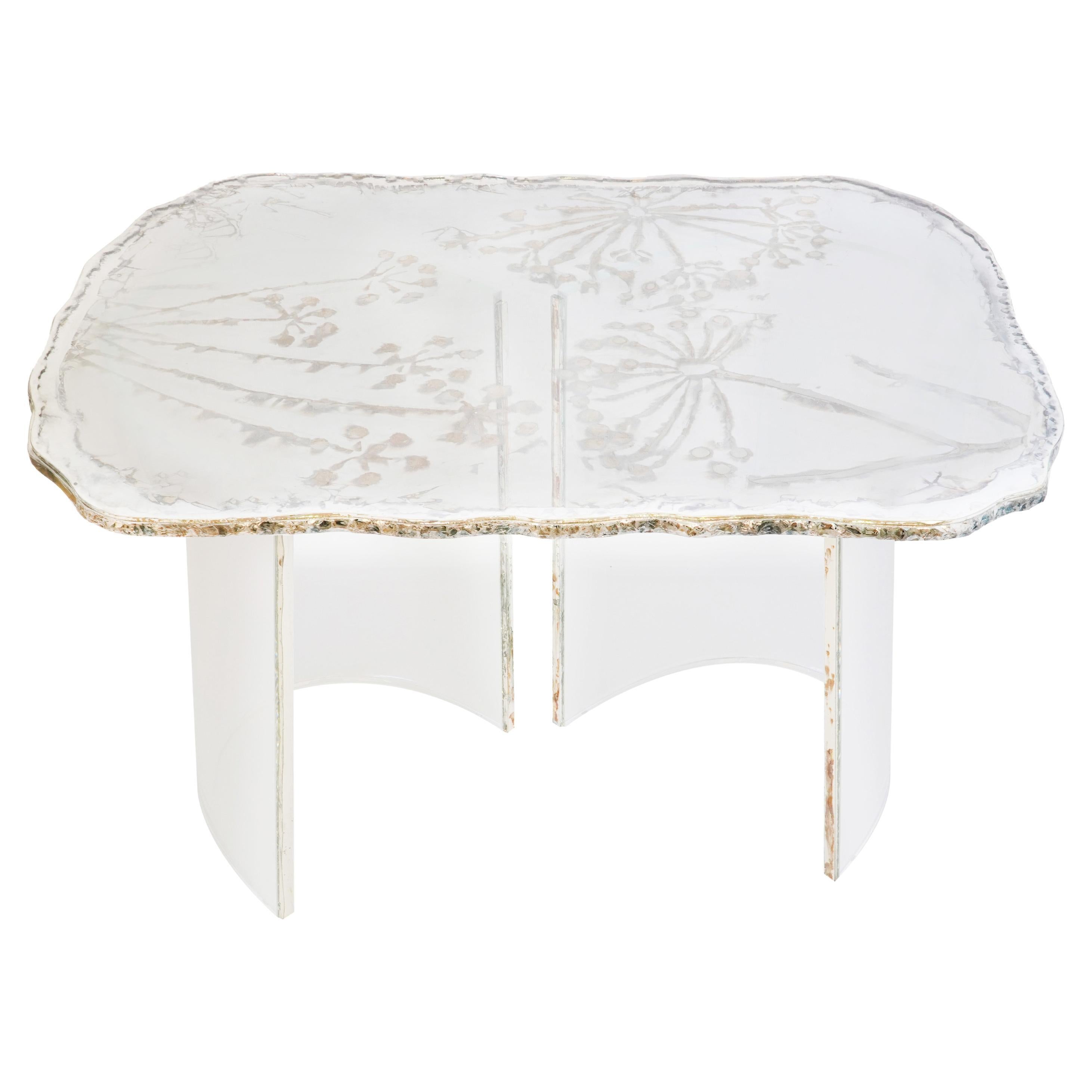 "Flower" Contemporary Cocktail table, silver pattern, silvered Glass, plexy Legs For Sale