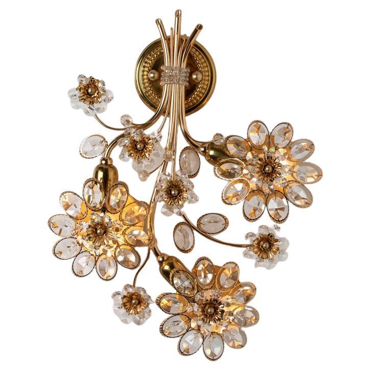 Flower Crystal and Brass Wall Sconce by Palwa, 1960s, Germany For Sale